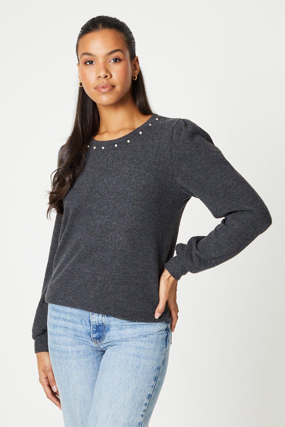 Women's Tall Diamonte Puff Sleeve Brushed Long Sleeve Top - charcoal - M