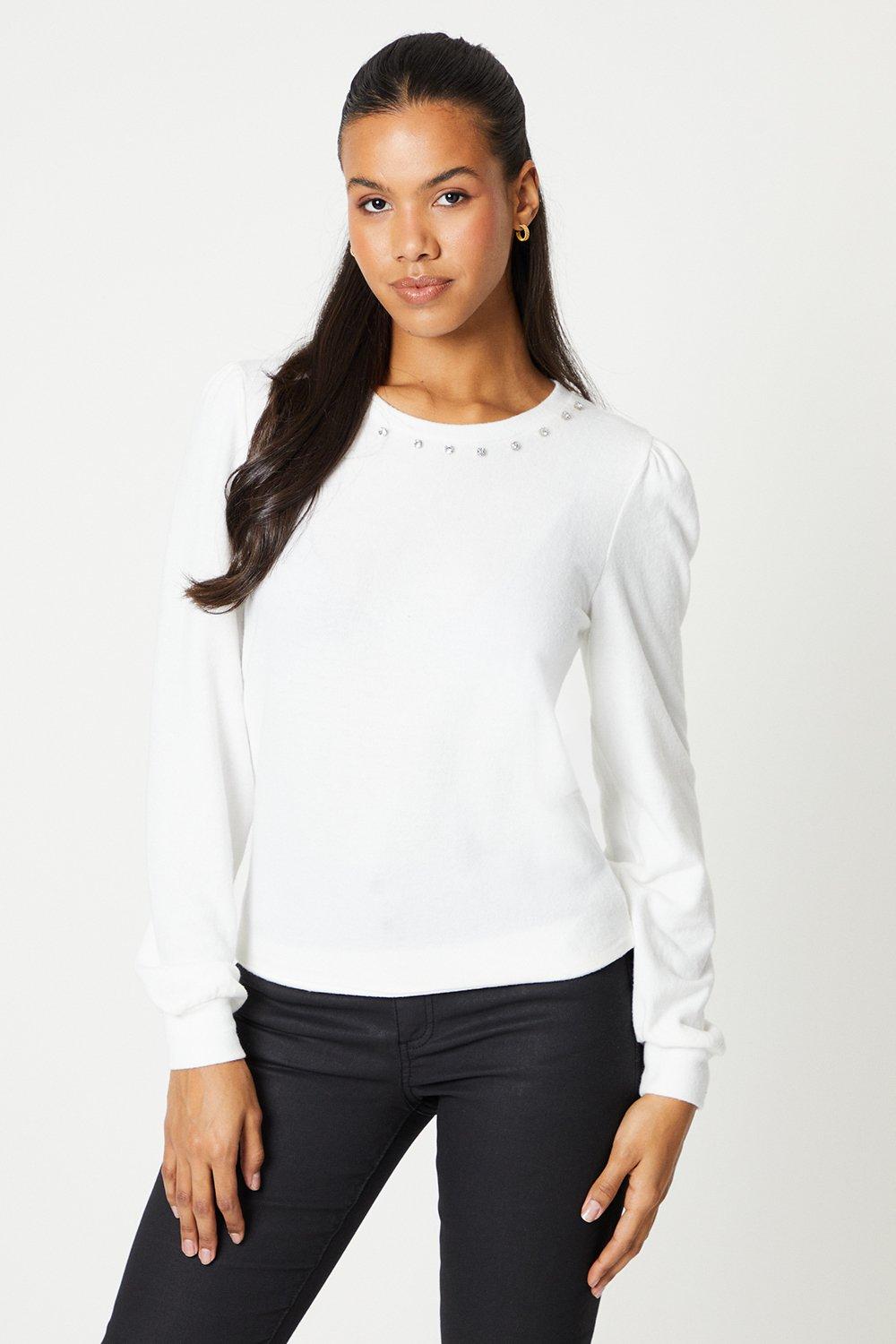 Women's Tall Diamonte Puff Sleeve Brushed Long Sleeve Top - ivory - M