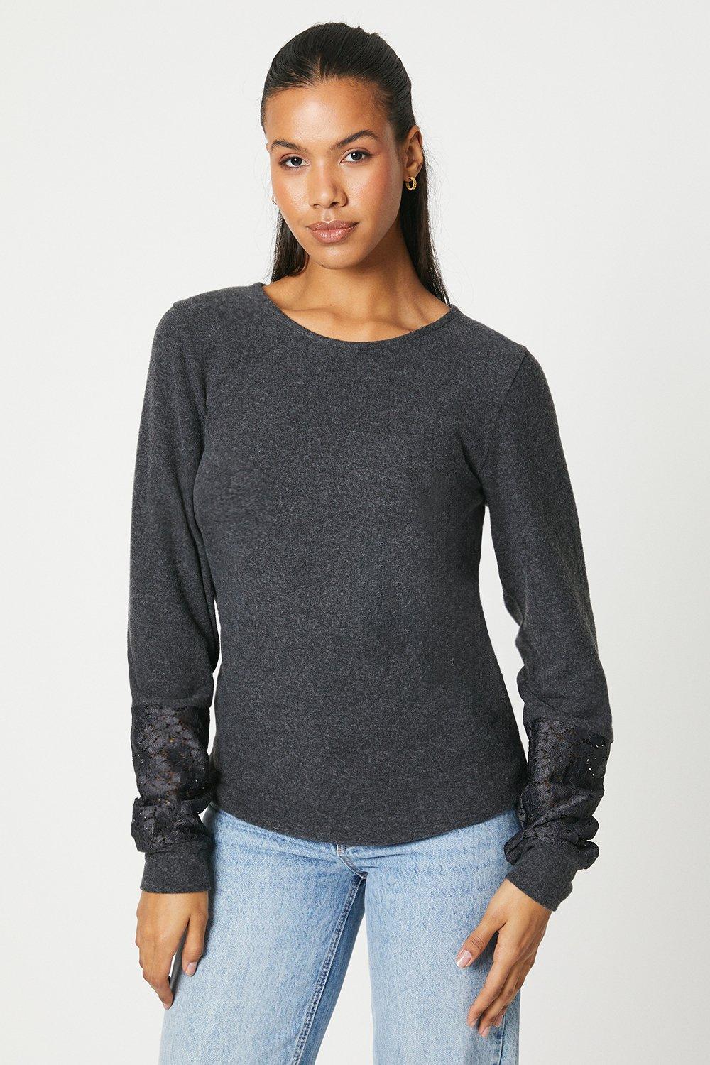 Women's Tall Lace Cuff Brushed Long Sleeve Top - charcoal - S