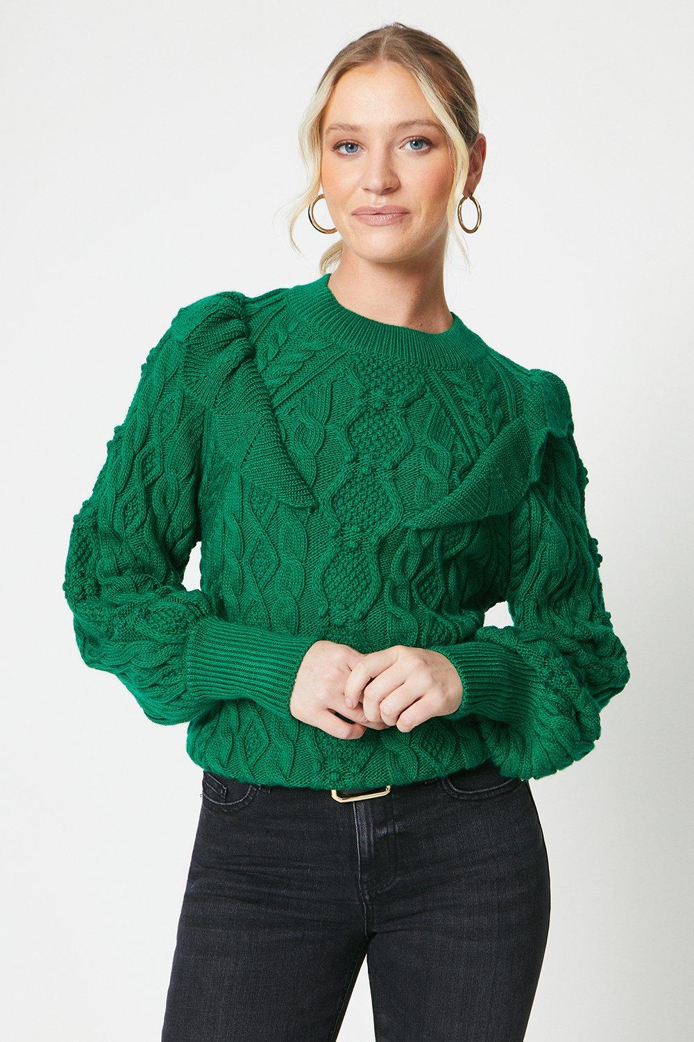 Women’s Ruffle Cable Knit Bobble Jumper - green - S