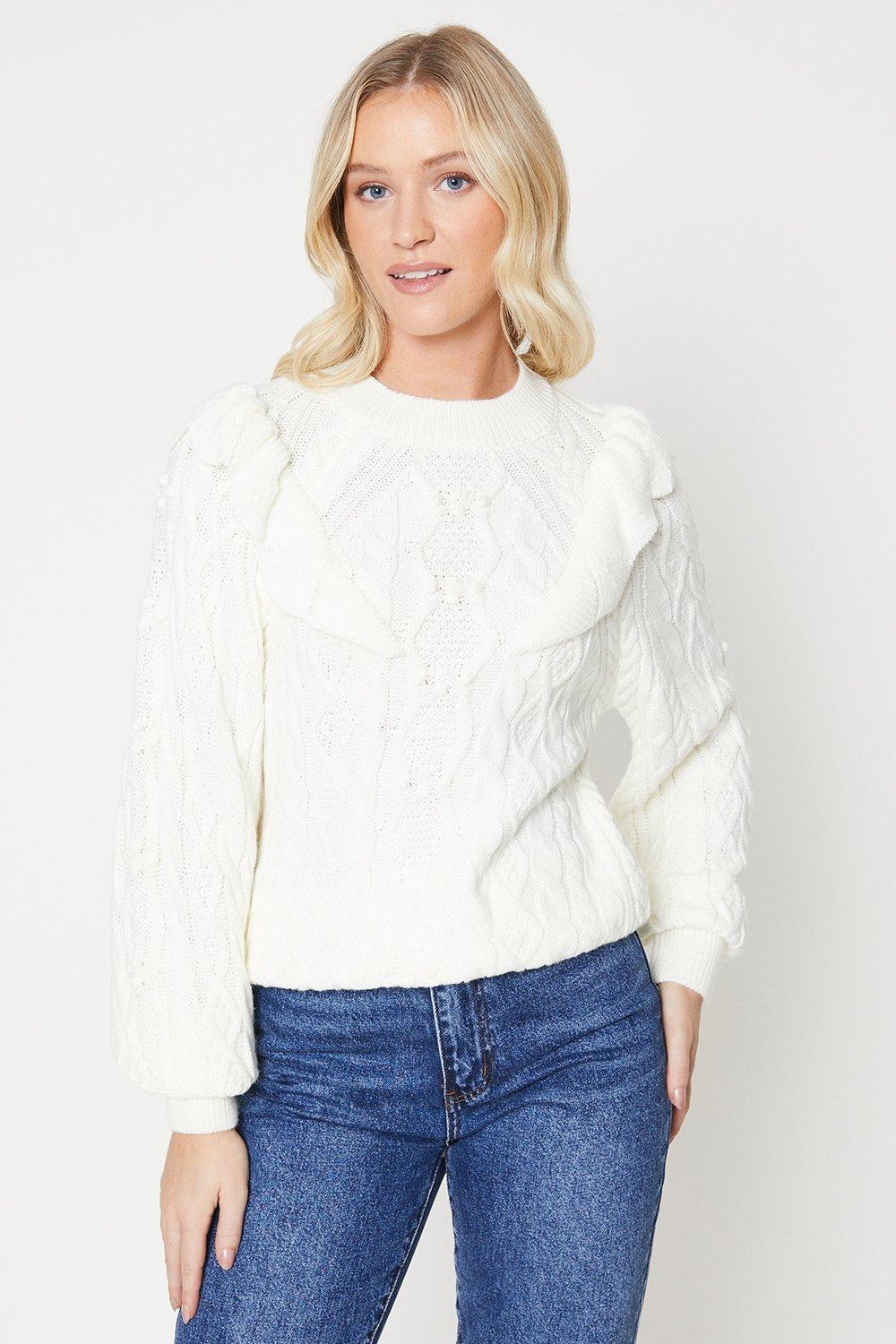 Women’s Ruffle Cable Knit Bobble Jumper - ivory - M
