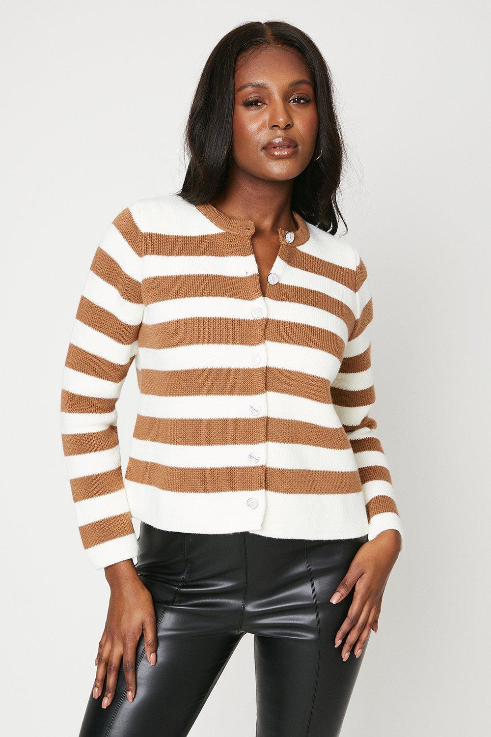 Women’s Stripe Button Through Knitted Cardigan - camel - S
