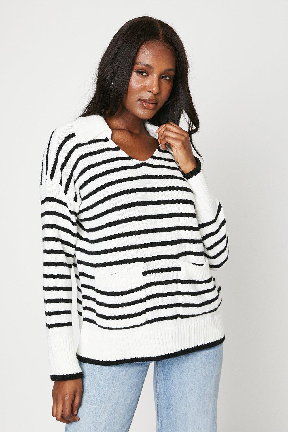 Womens Collared Stripe Knitted Jumper With Pockets