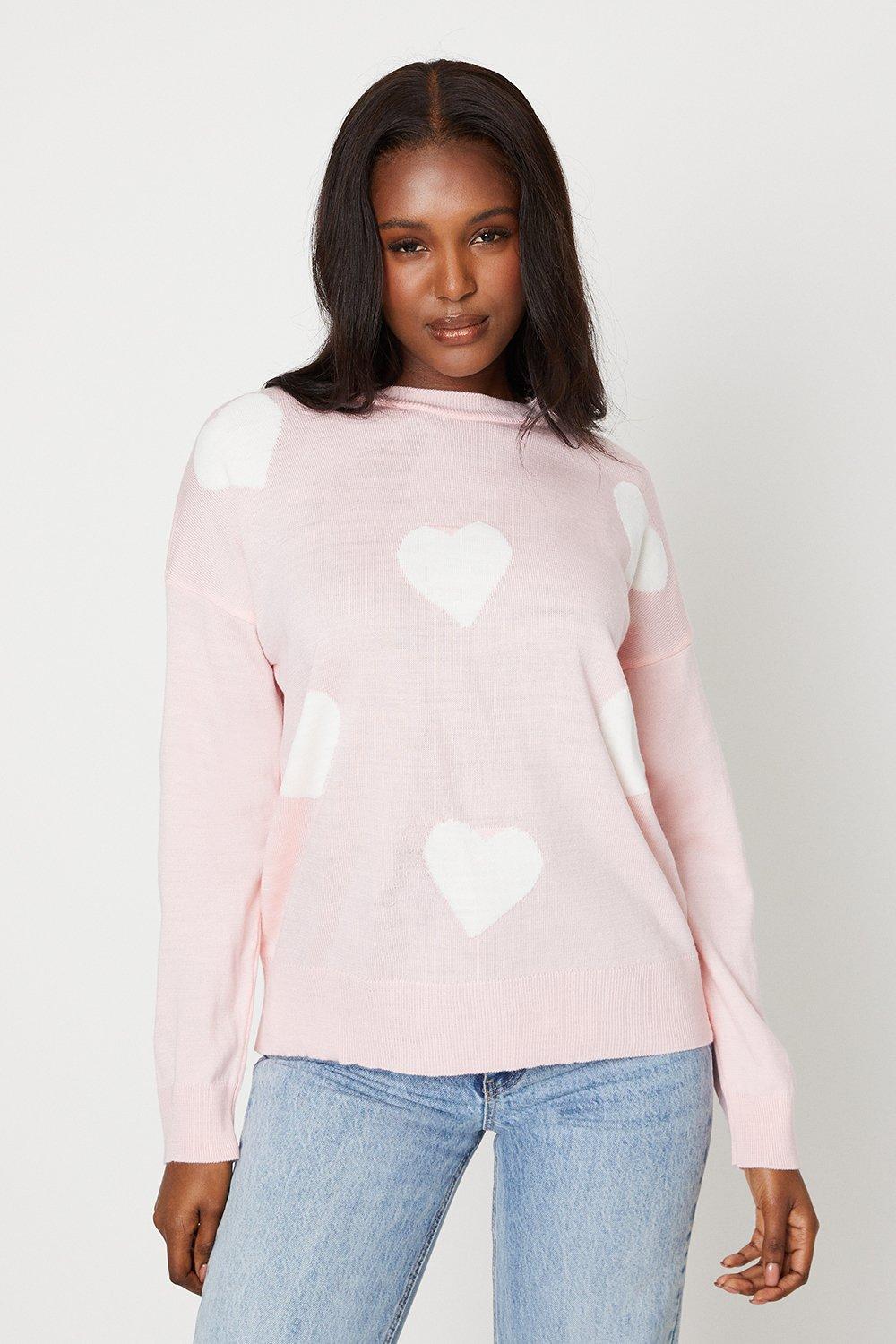 Women's Crew Neck All Over Heart Print Knitted Jumper - blush - L