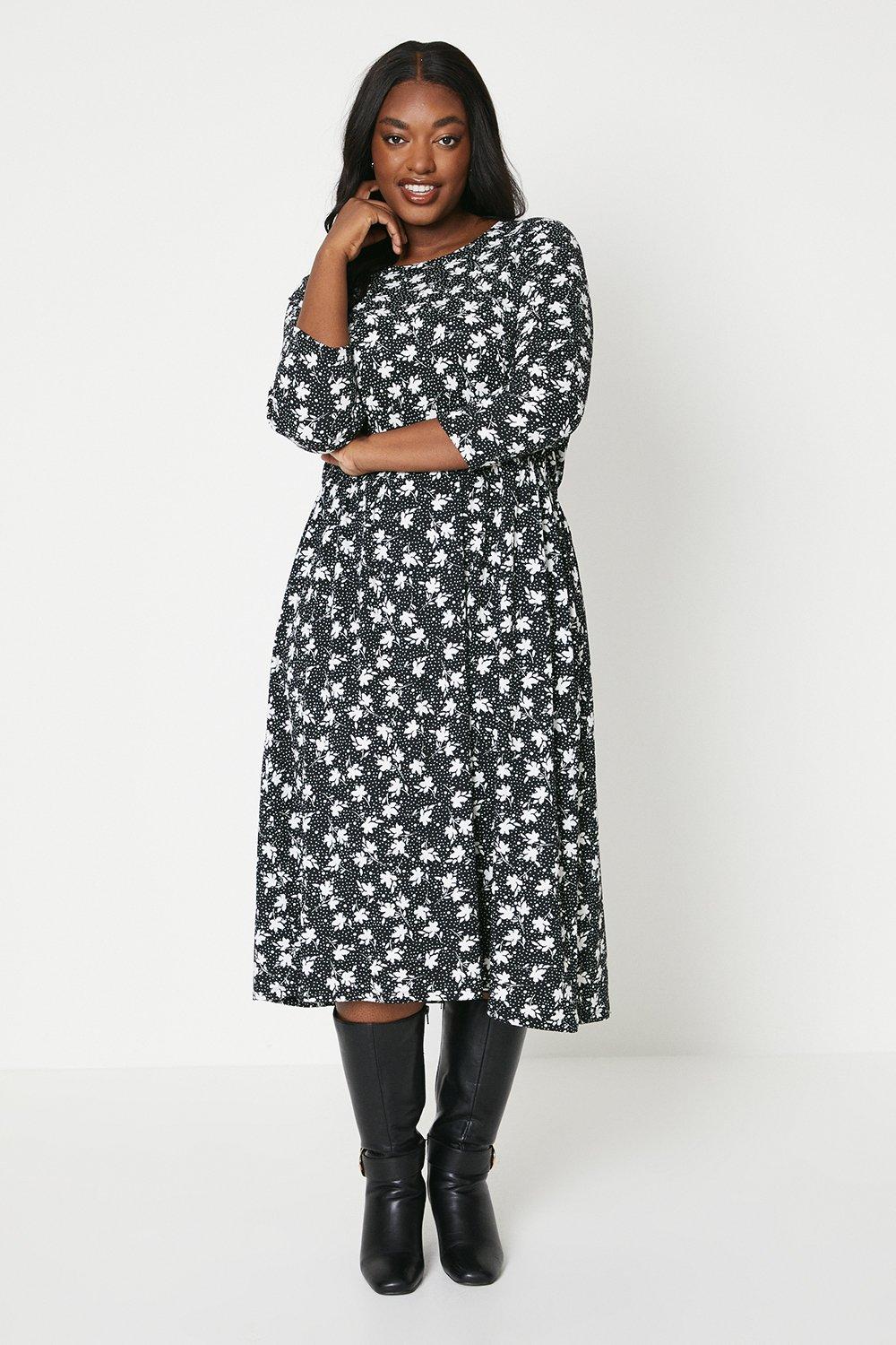 Womens Curve Floral Ruched Sleeve Midi Dress