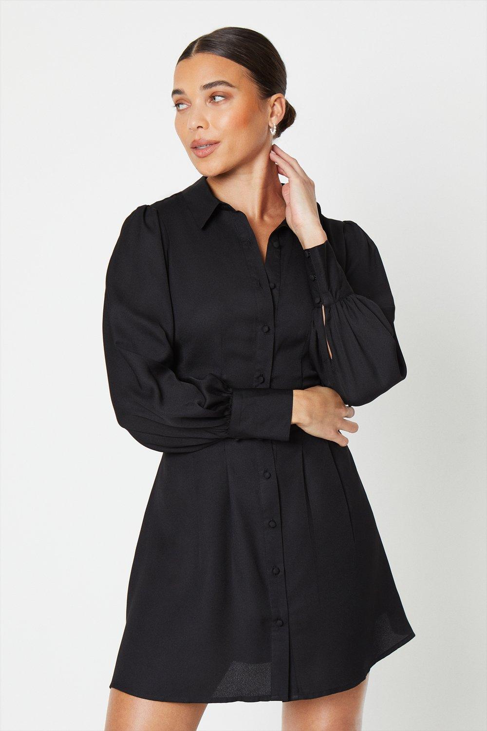 Women's Petite Black Mini Shirt Dress - 8