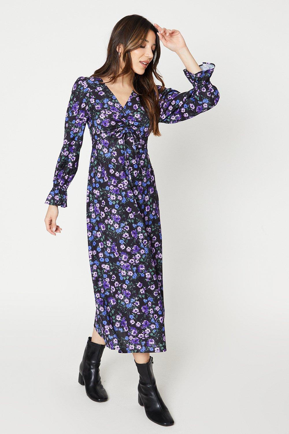 Womens Petite Floral Ruched Front V Neck Midi Dress