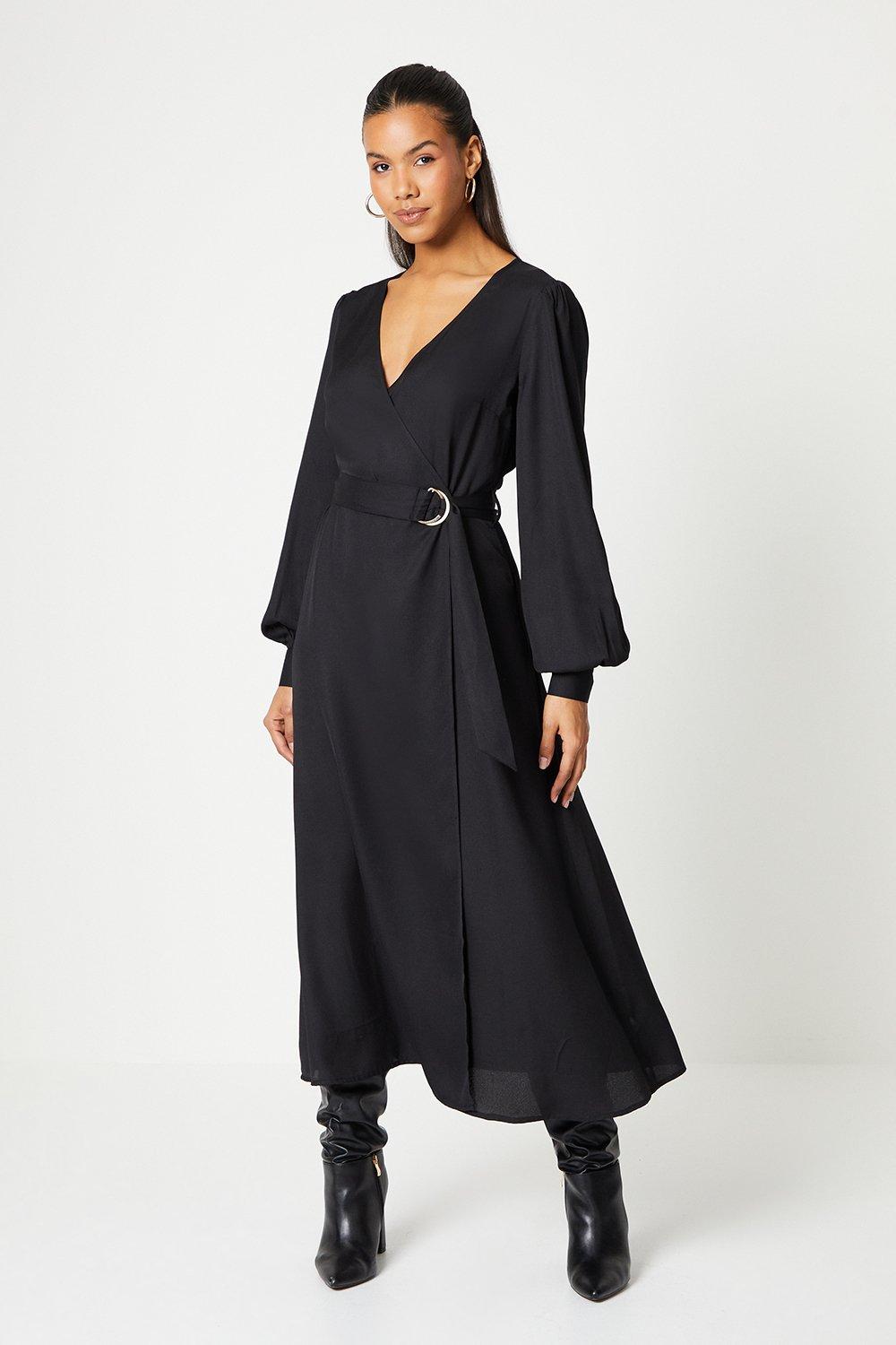 Women’s Tall Wrap Midi Dress With Buckle Detail - black - 14