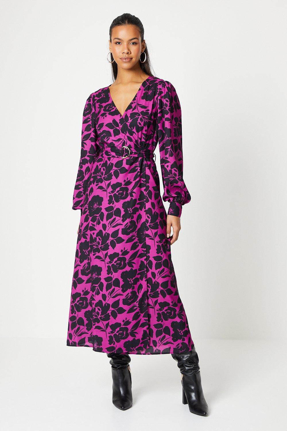 Womens Tall Pink Floral Wrap Midi Dress With Buckle Detail
