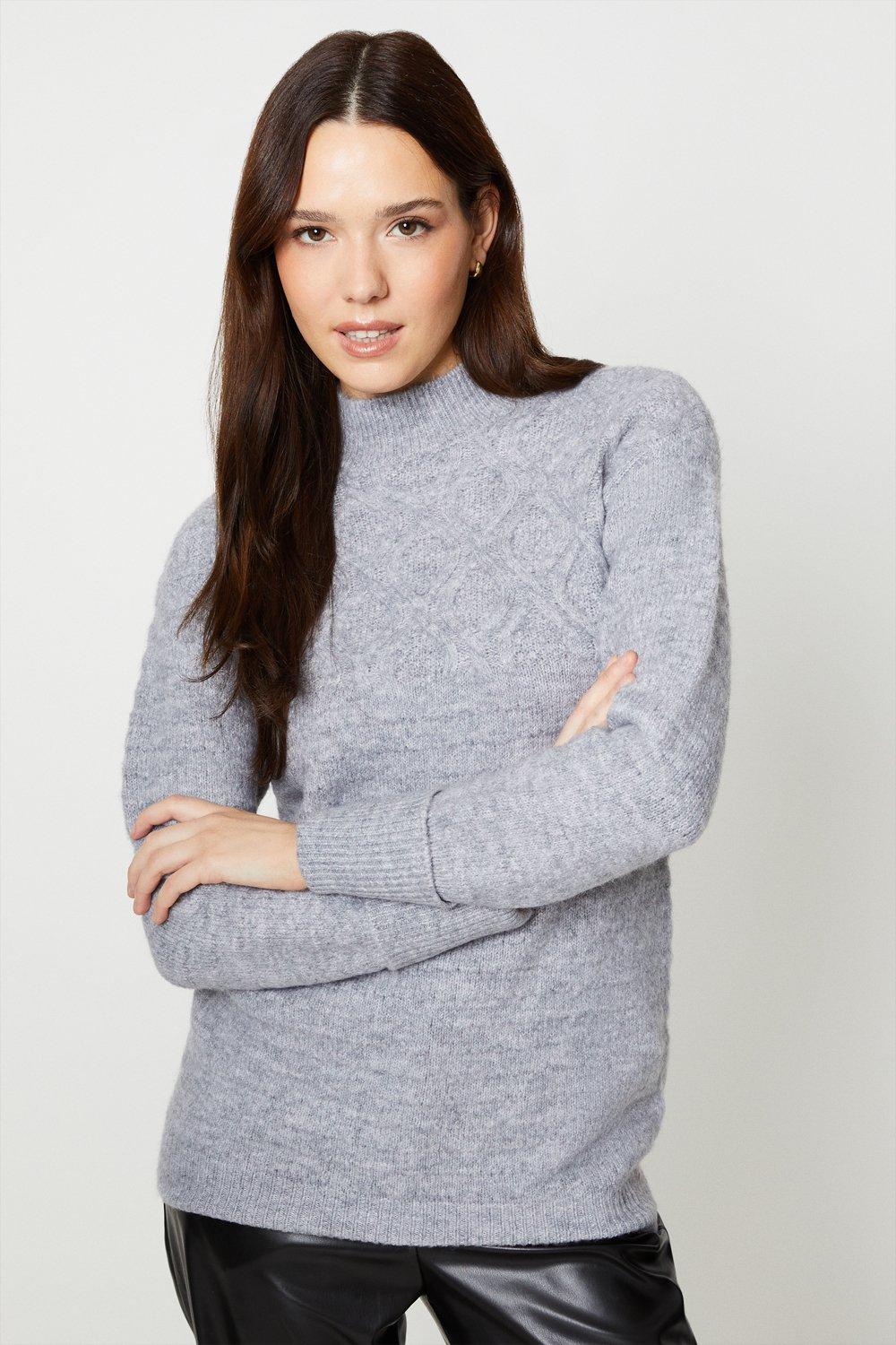 Women's Mix Cable Stitch Longline Knitted Tunic - grey marl - M