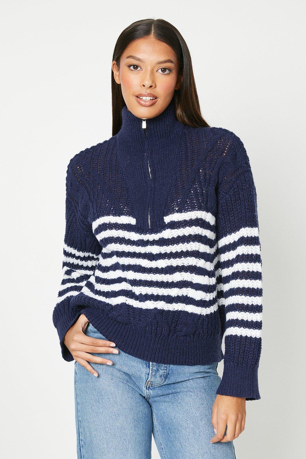Women’s Cable Detail Half Zip Knitted Jumper - stripe - L
