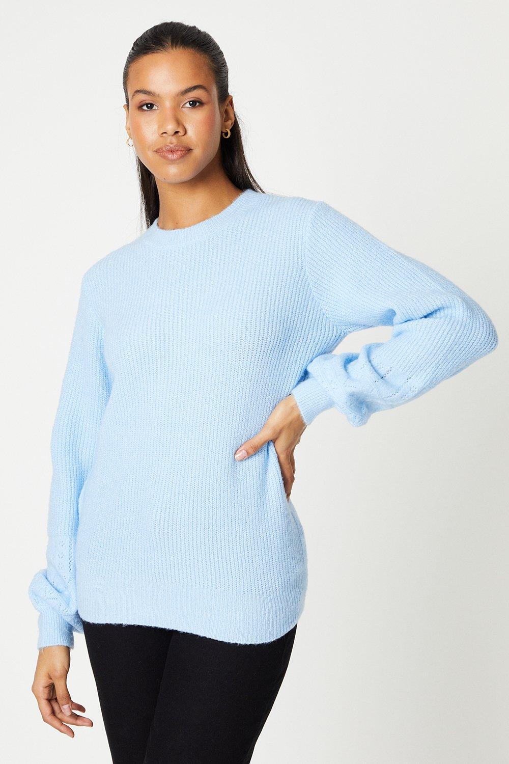 Women's Pointelle Sleeve Stitch Detail Knit Jumper - pale blue - XL