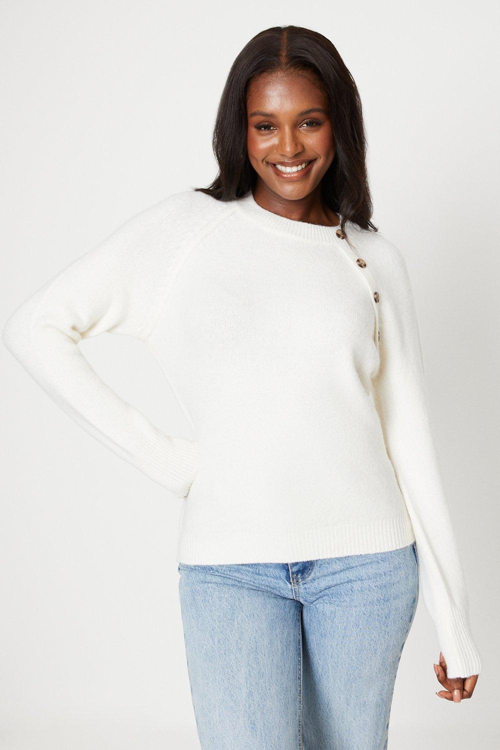 Women's Button Detail Knitted Jumper - ivory - M