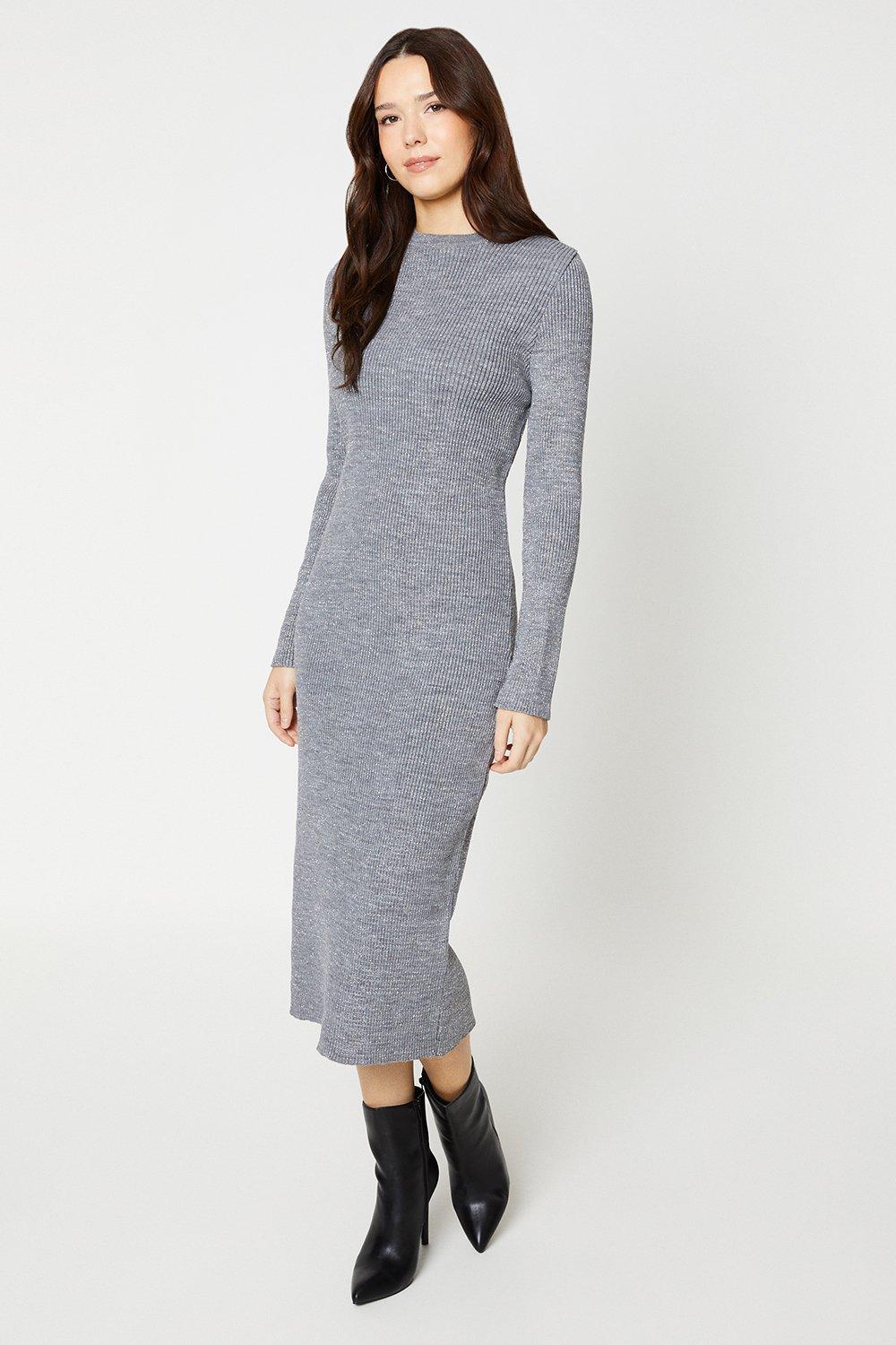 Women's Glitter Ribbed Midaxi Knitted Dress - mid grey - L