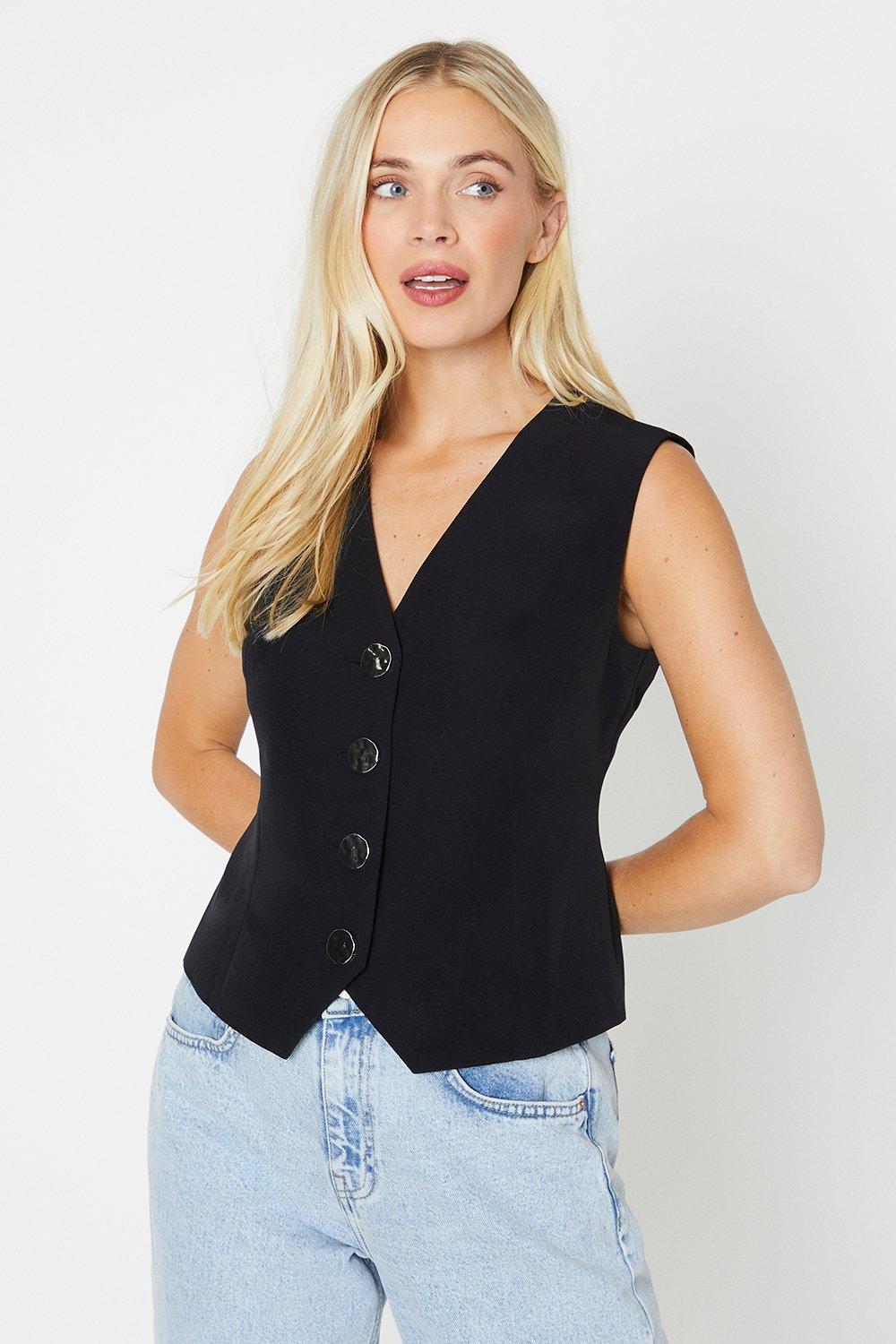 Women's Petite Button Front Waistcoat - black - 16