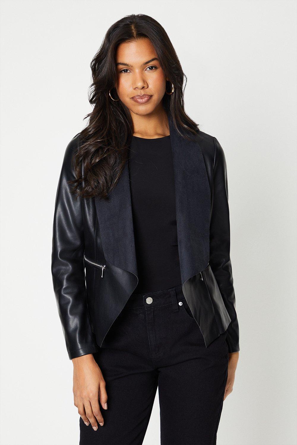 Women's Faux Leather Waterfall Jacket - black - 8