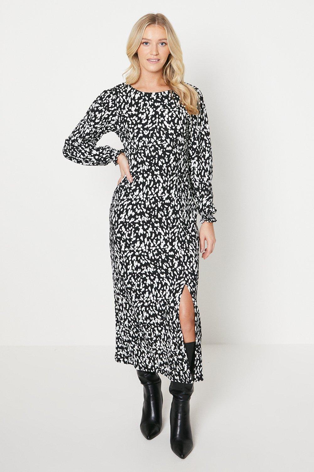 Women’s Abstract Mono Shirred Cuff Side Split Midi Dress - 10