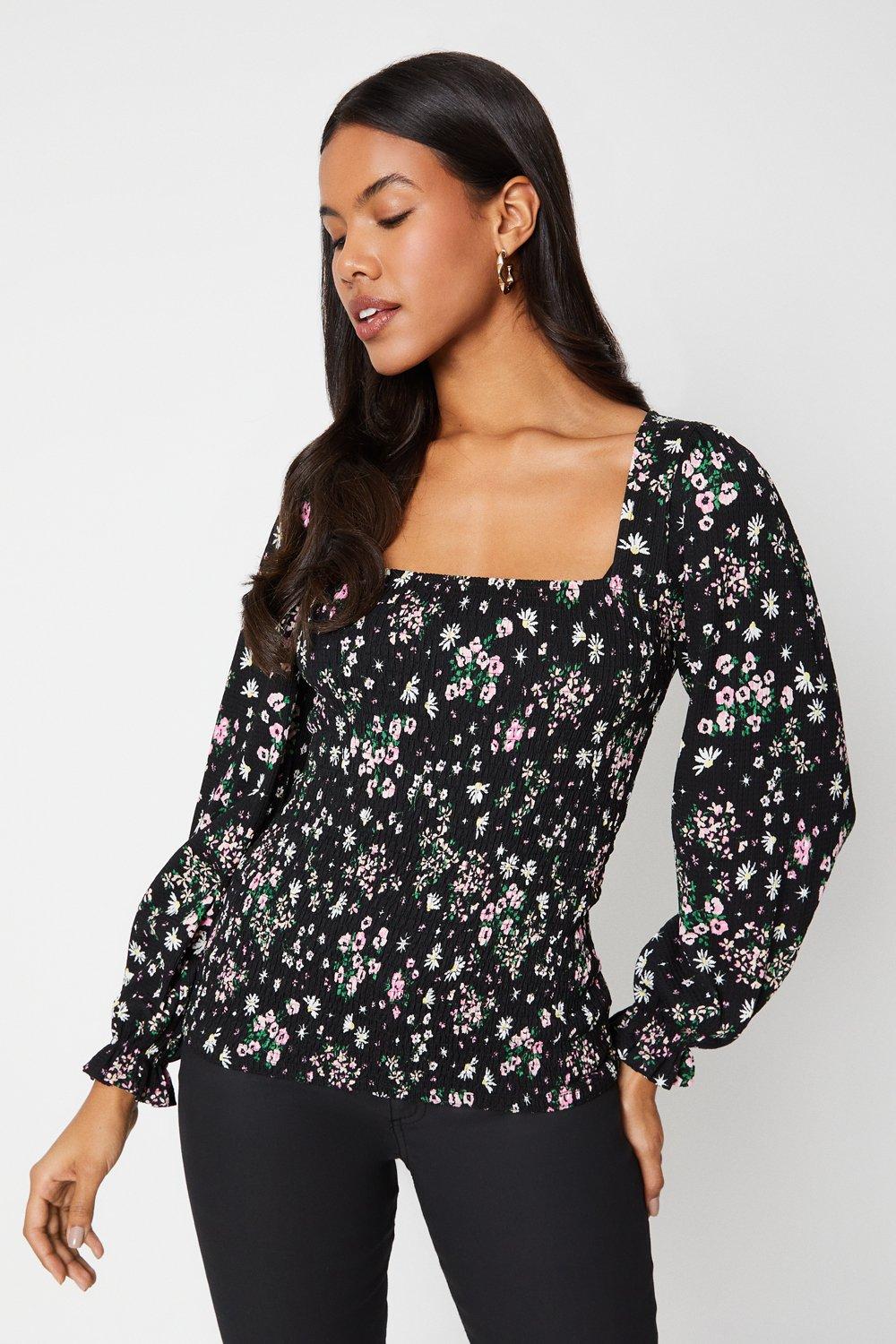 Womens Floral Square Neck Long Sleeve Top