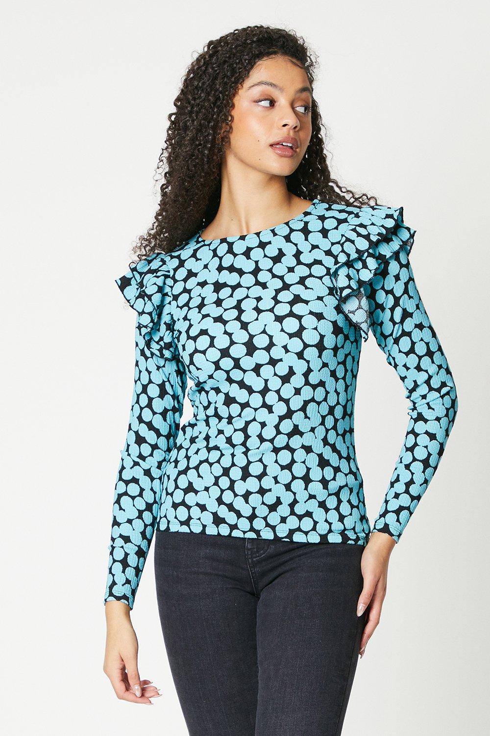 Women’s Double Frill Shoulder Crinkle Jersey Long Sleeve Top - blue - XL