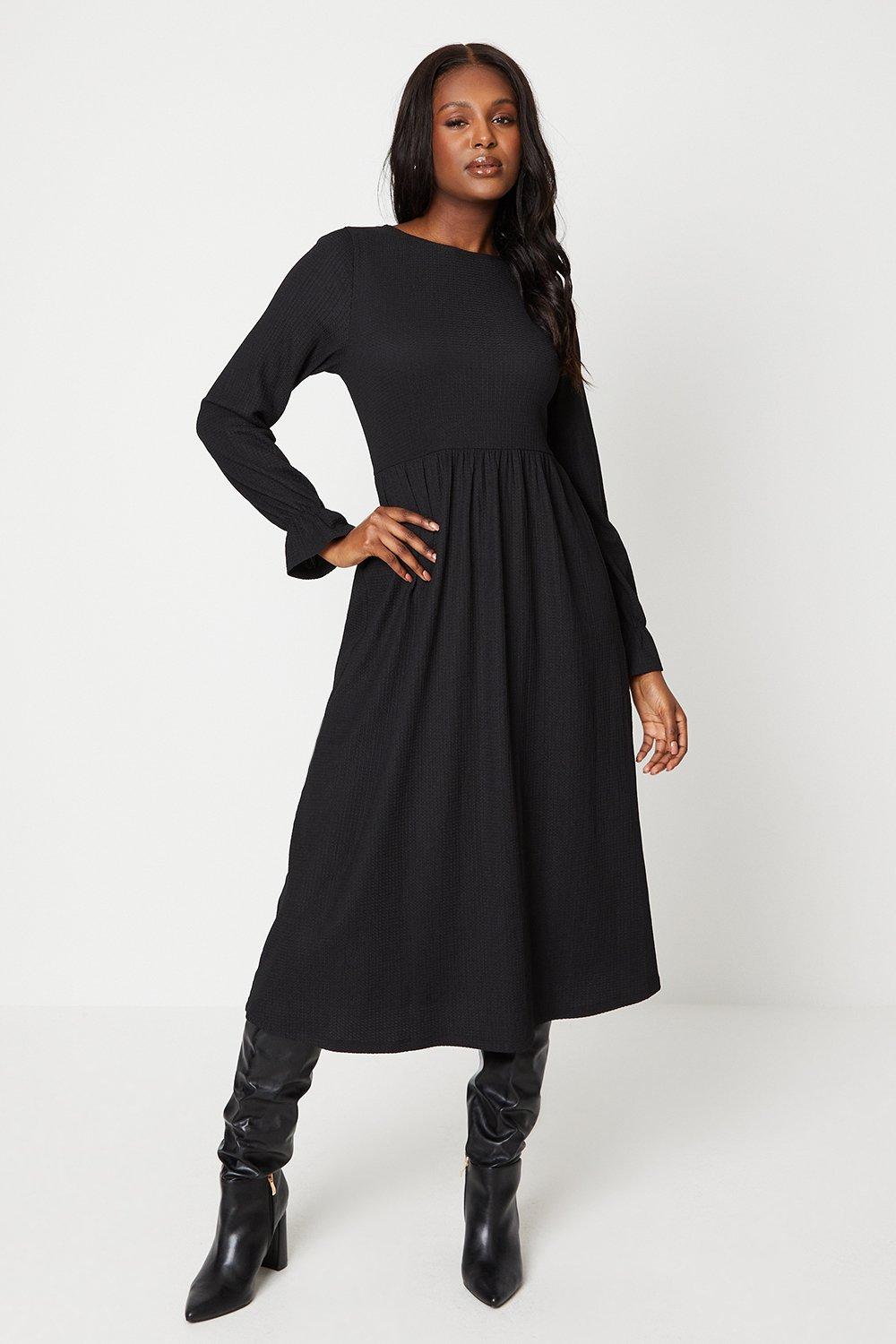 Womens Black Smock Midi Dress