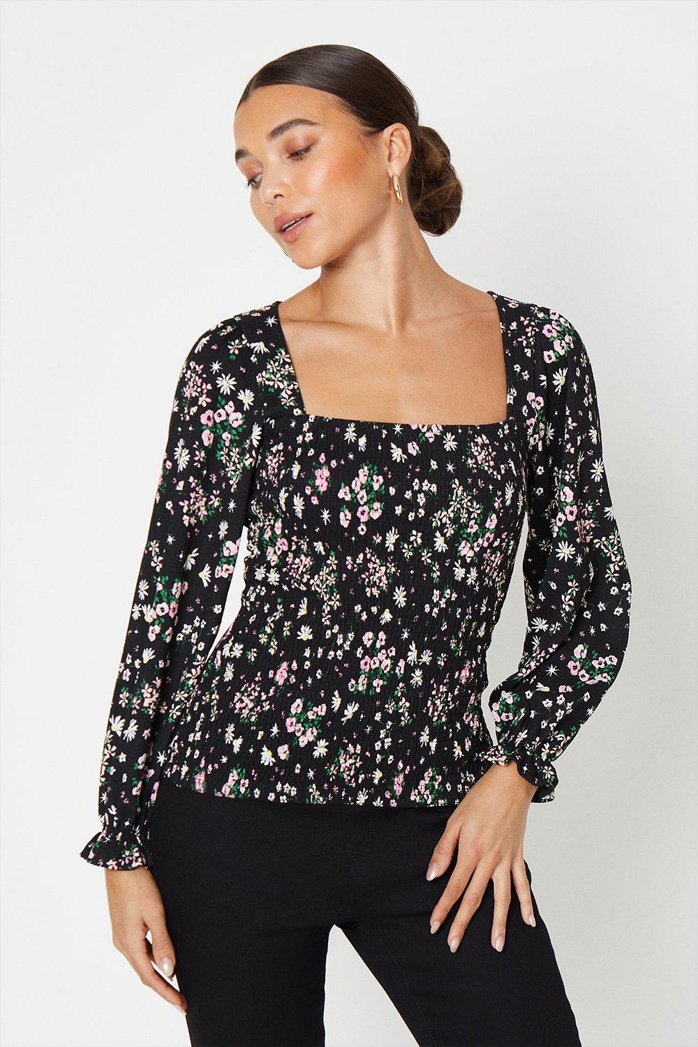 Womens Petite Floral Square Neck Long Sleeve Top