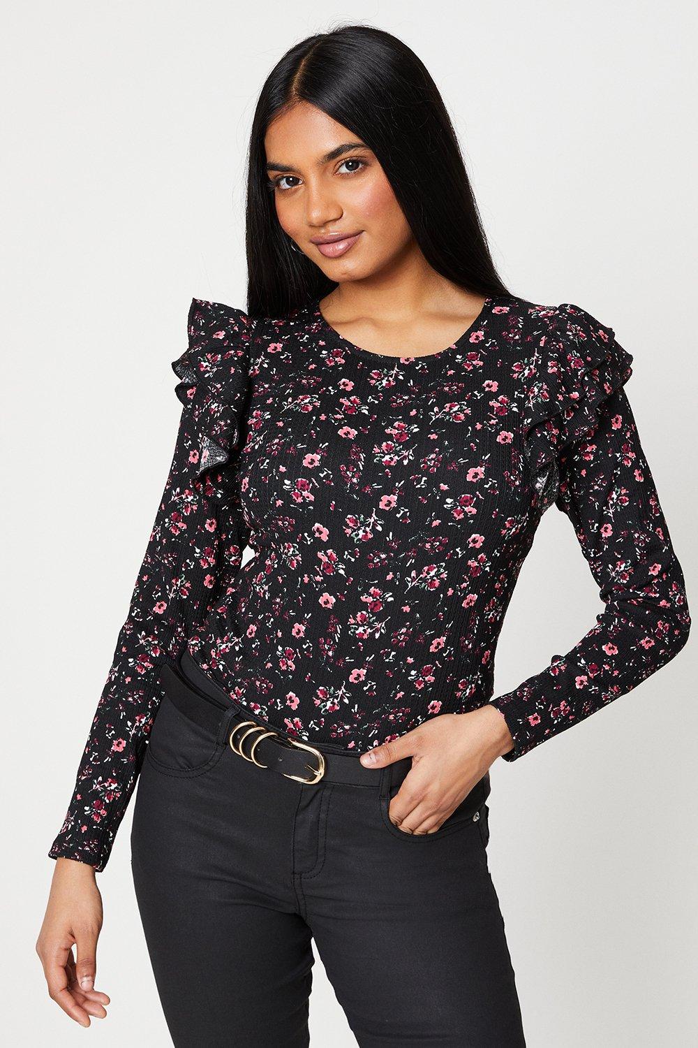 Women’s Petite Double Frill Shoulder Crinkle Jersey Long Sleeve Top - floral - L