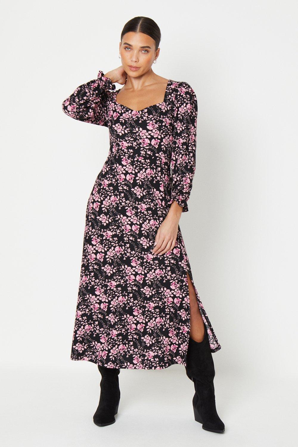 Womens Petite Floral Long Sleeve Sweetheart Midi Dress