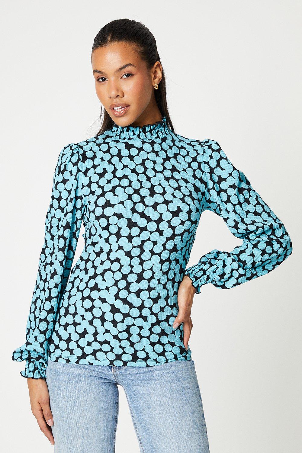 Women’s Tall Shirred Neck Cuff Detail Long Sleeve Top - blue - XL
