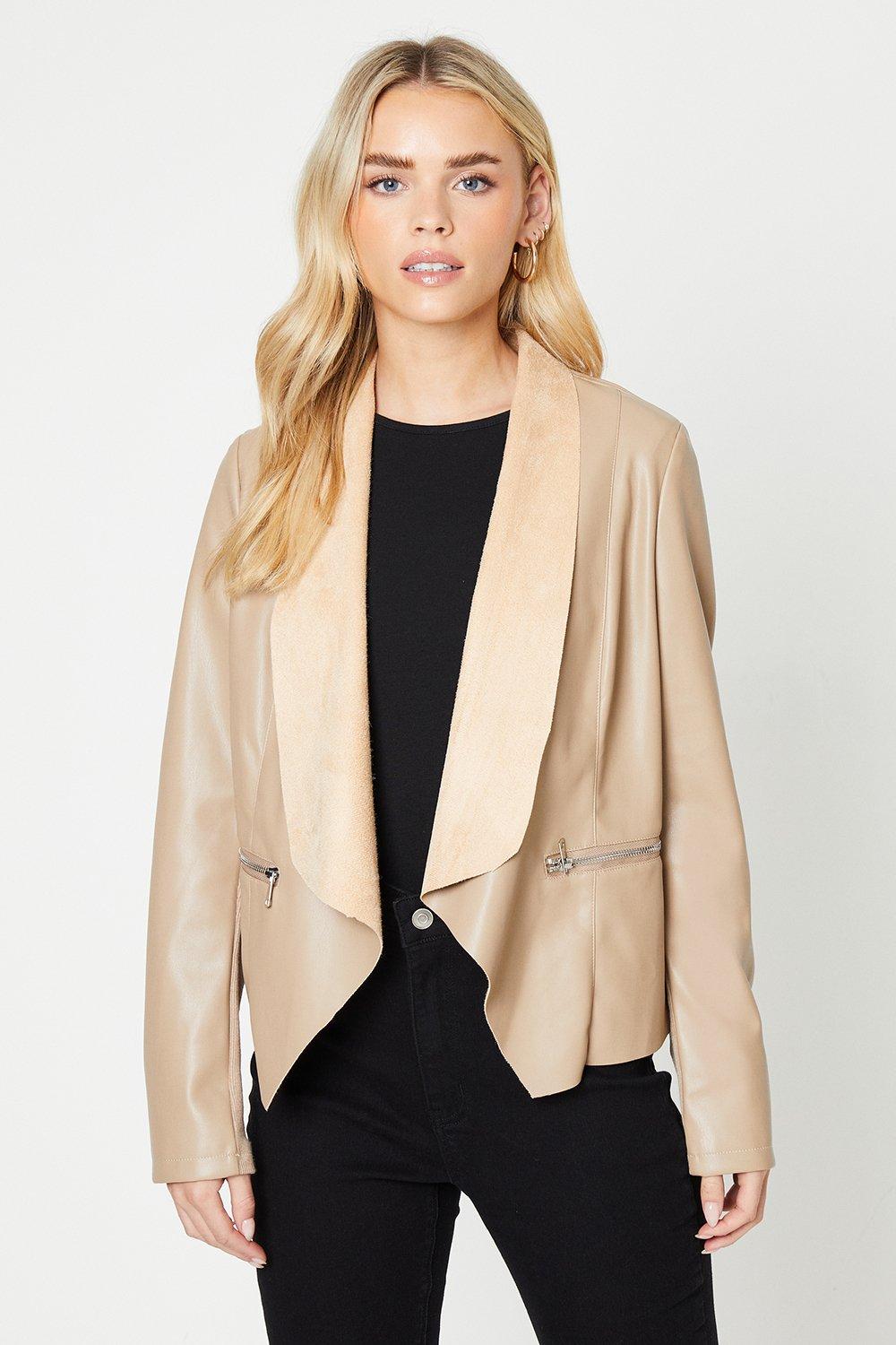 Women’s Petite Faux Leather Waterfall Jacket - taupe - 6