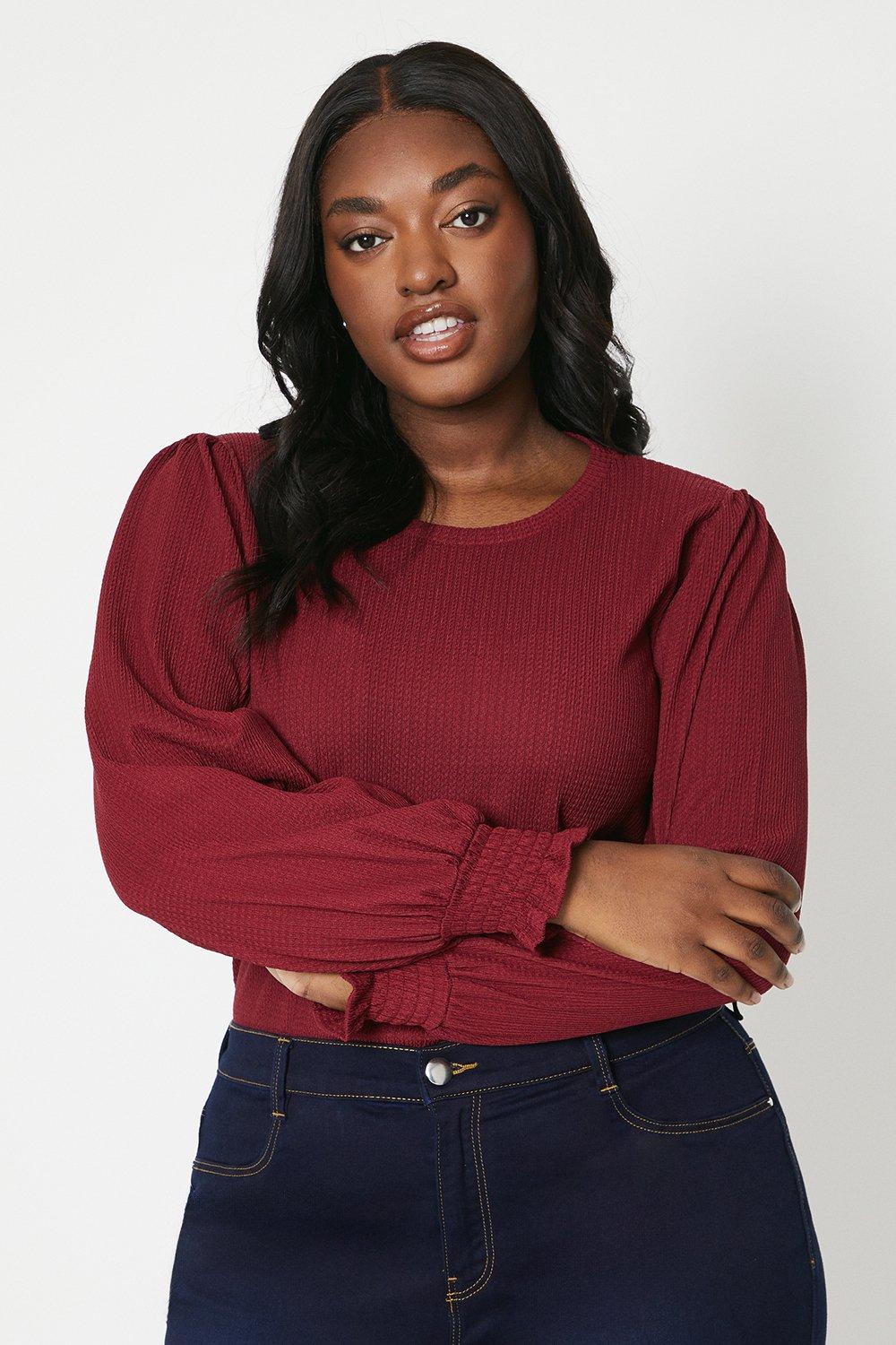 Women’s Curve Shirred Cuff Long Sleeve Top - berry - 18