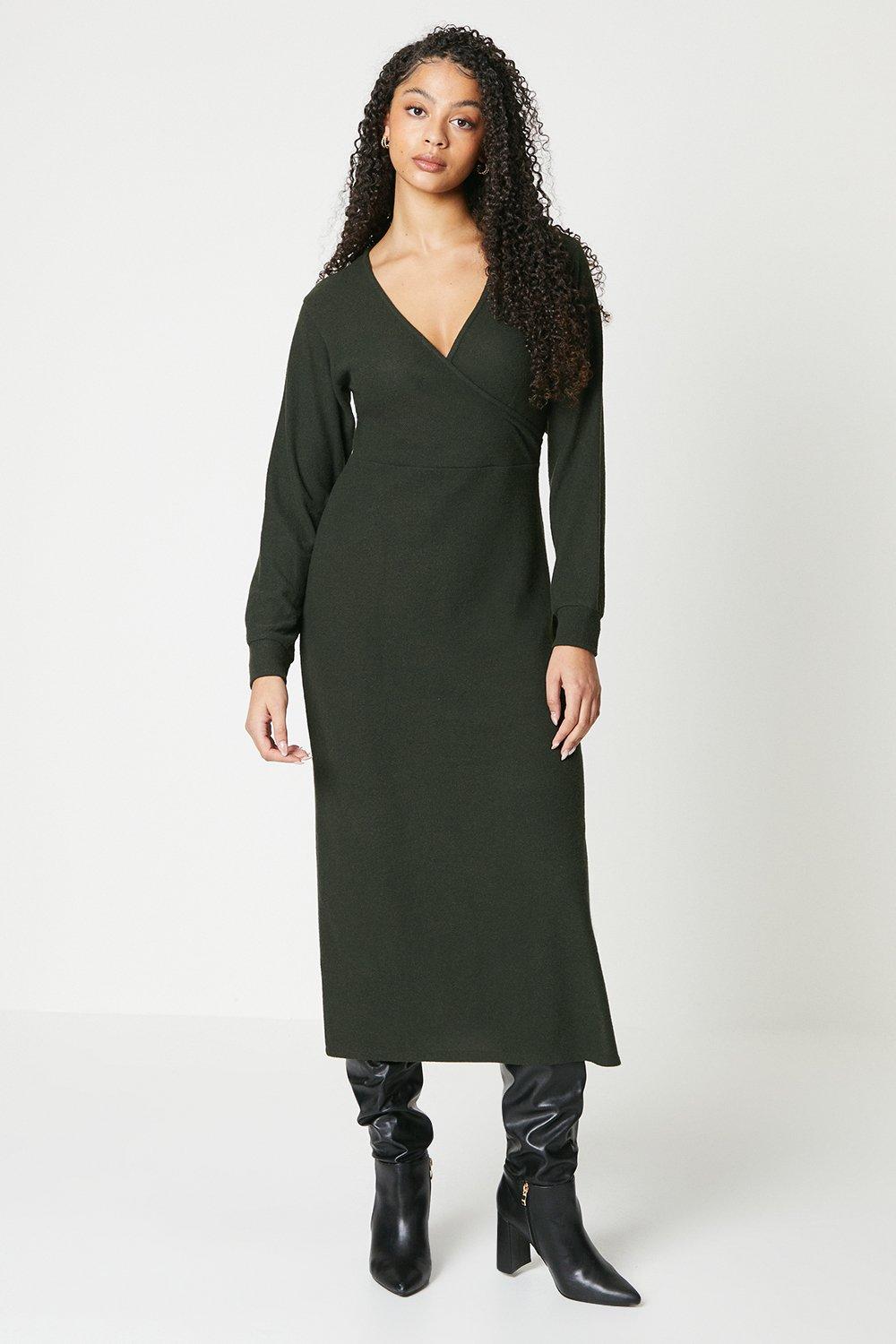 Women's V Neck Drop Shoulder Midi Dress - khaki - 10