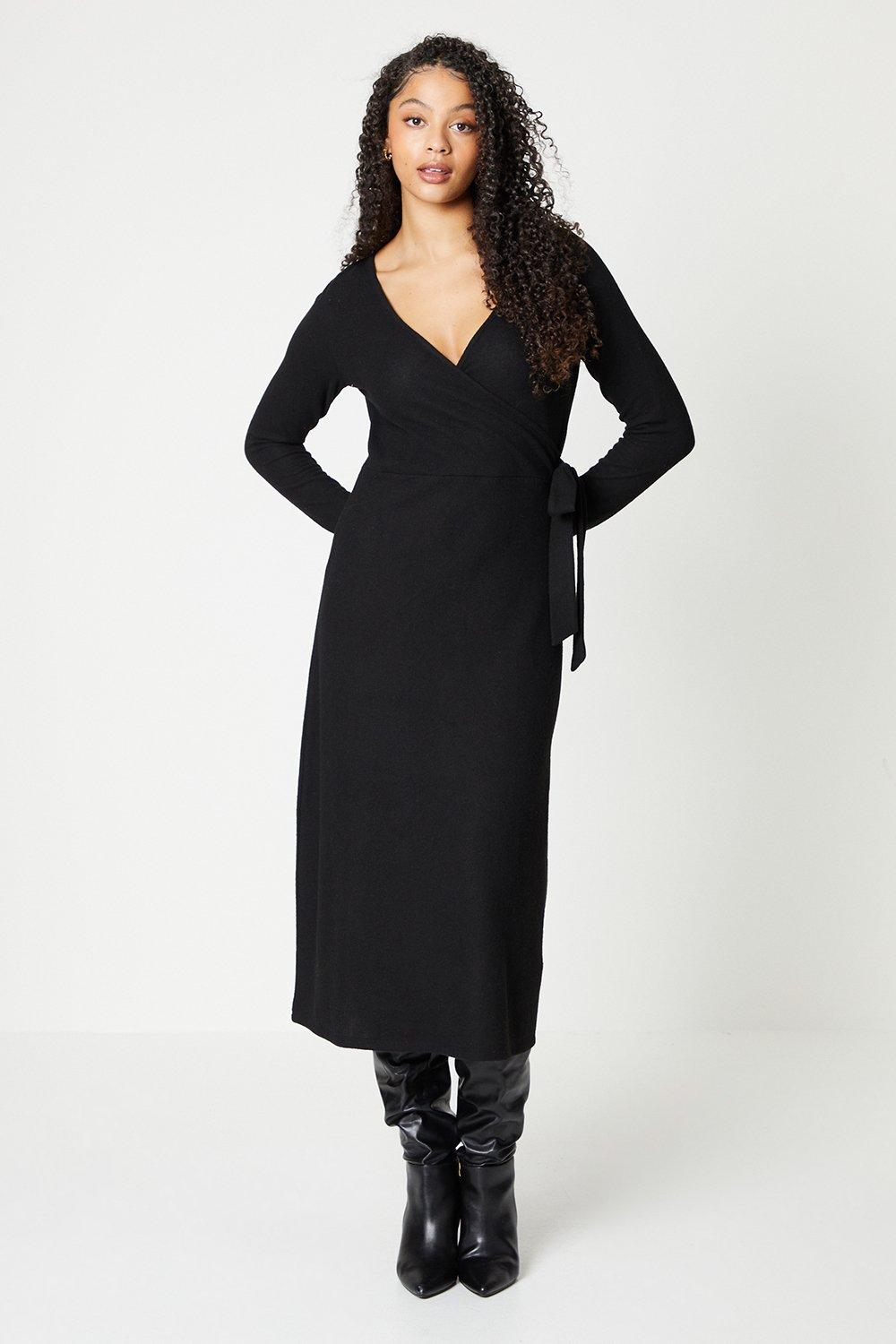 Women's Soft Touch Midi Wrap Dress - black - 18