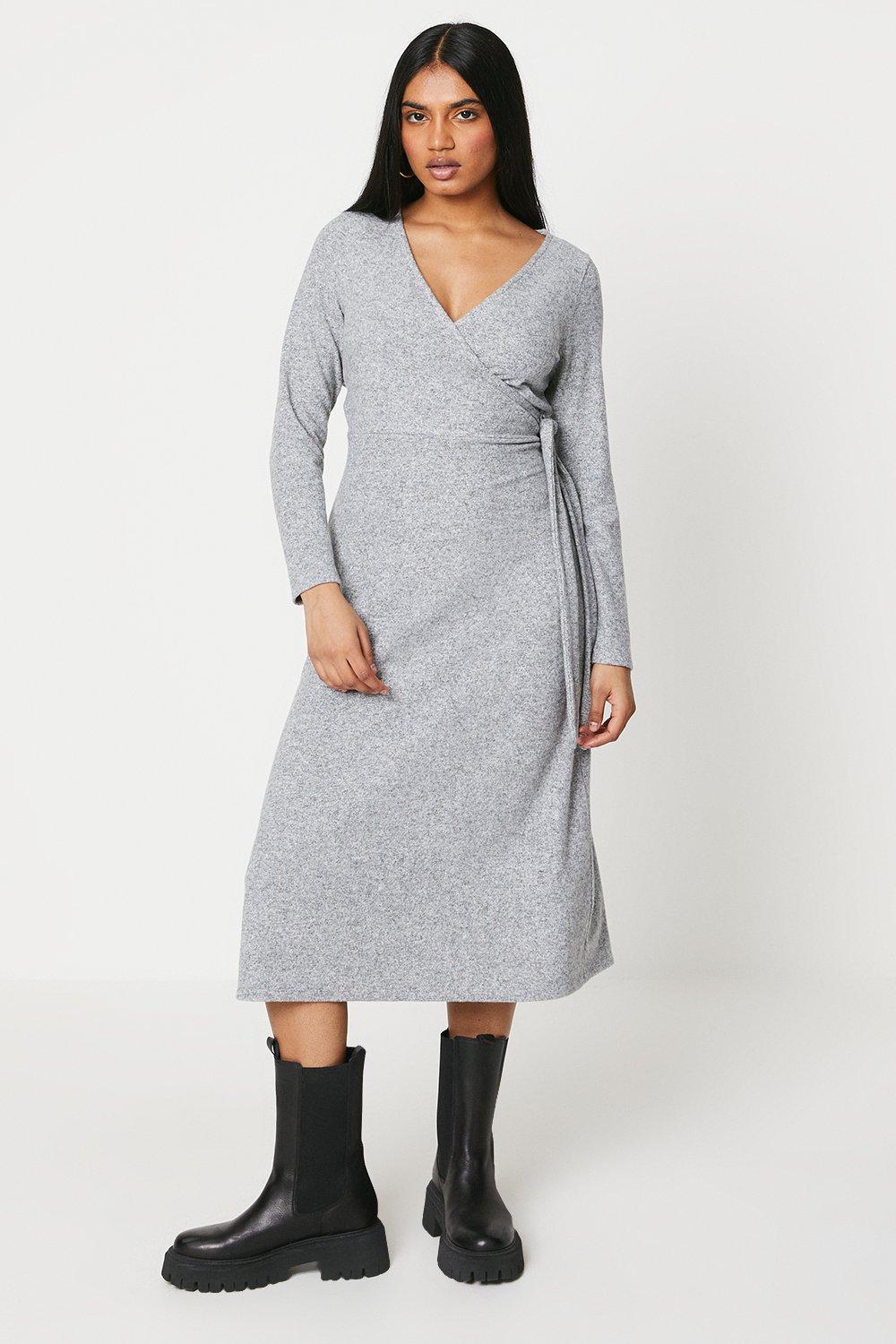 Women's Petite Soft Touch Wrap Midi Dress - grey - 16
