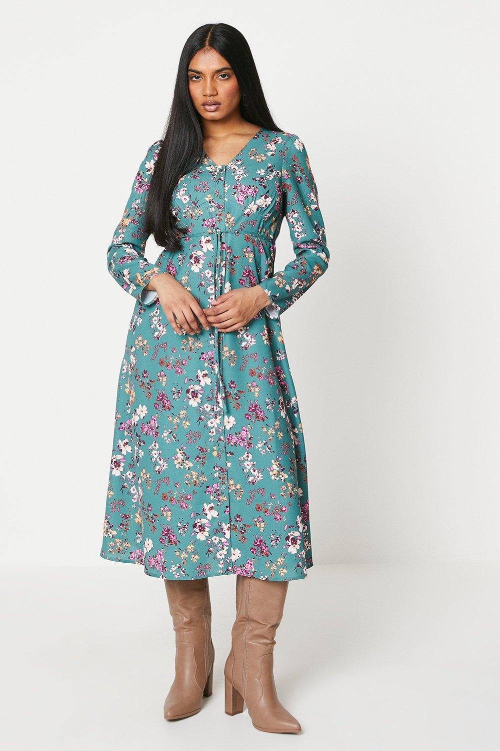 Dresses Petite Sage Floral Button Through Midi Dress Dorothy