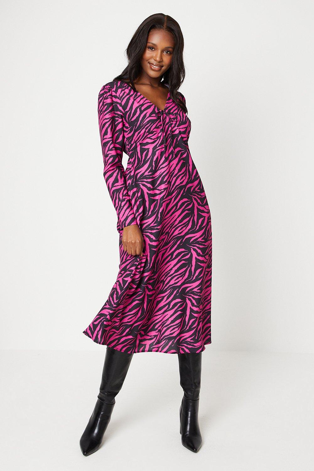 Women’s Pink Zebra Tie Front Midi Dress - 12