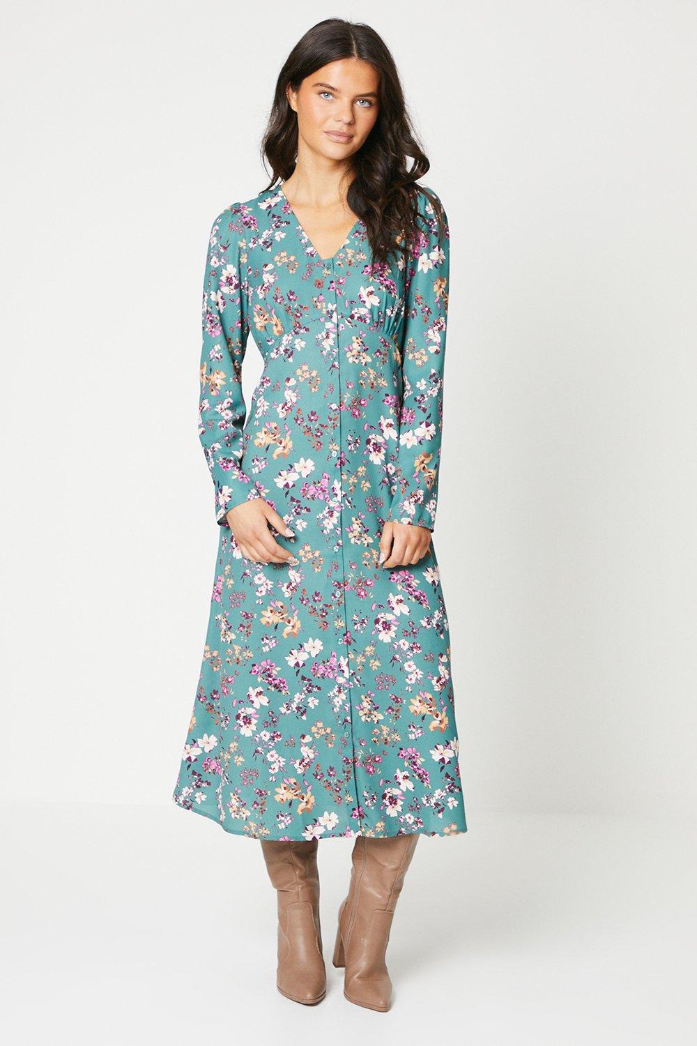 Womens Sage Floral Button Through Midi Dress
