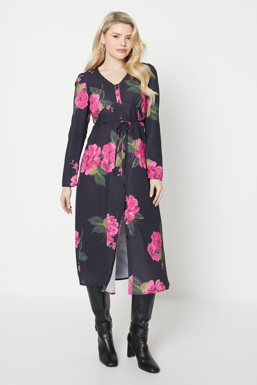 Women's Black Floral Button Through Midi Dress - 16