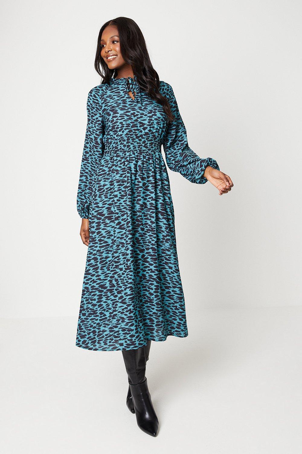 Women’s Sage Animal Shirred Waist Midi Dress - 10