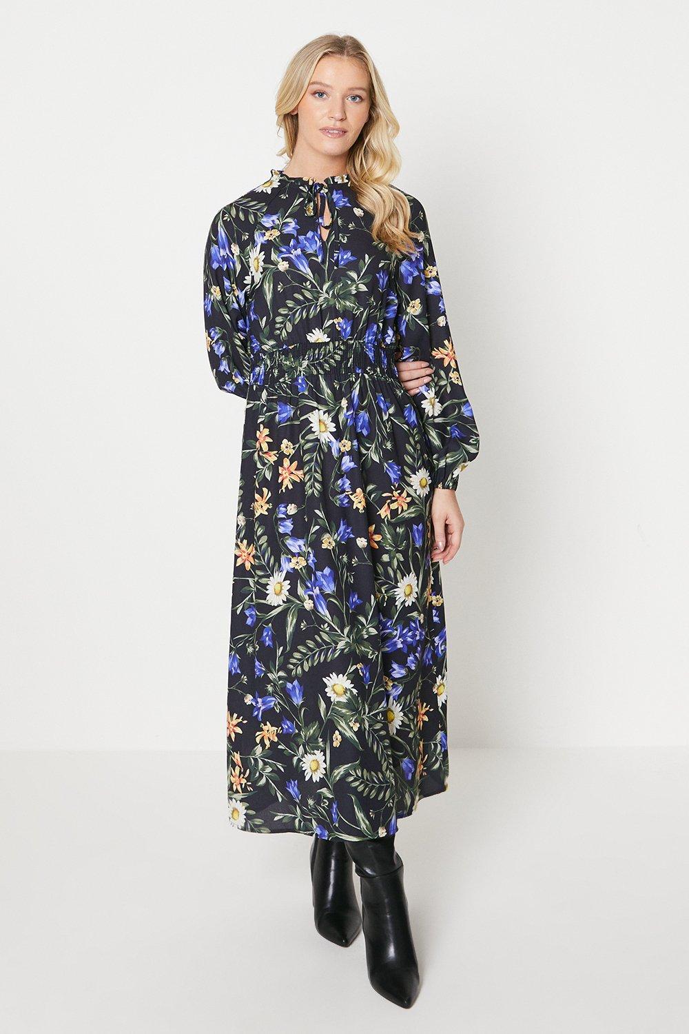 Women’s Black Floral Shirred Waist Midi Dress - 16