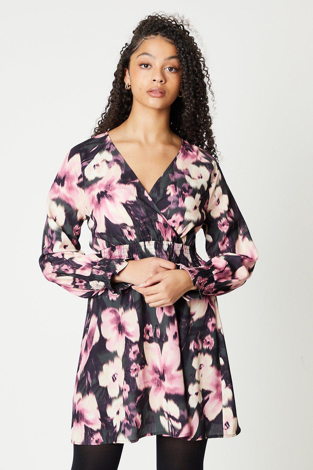 Women’s Black Floral Shirred Waist Midi Dress - 16