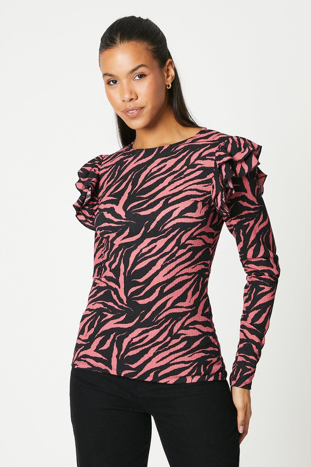 Women’s Tall Double Frill Shoulder Crinkle Jersey Long Sleeve Top - zebra - L