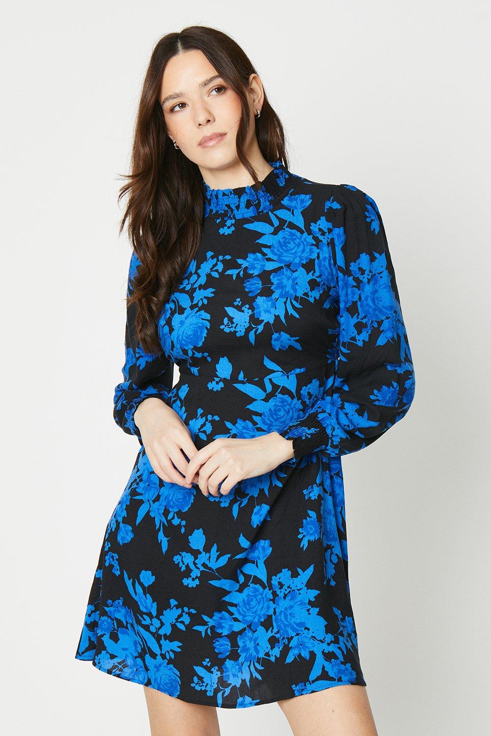 Womens Blue Floral Shirred Cuff Mini Dress