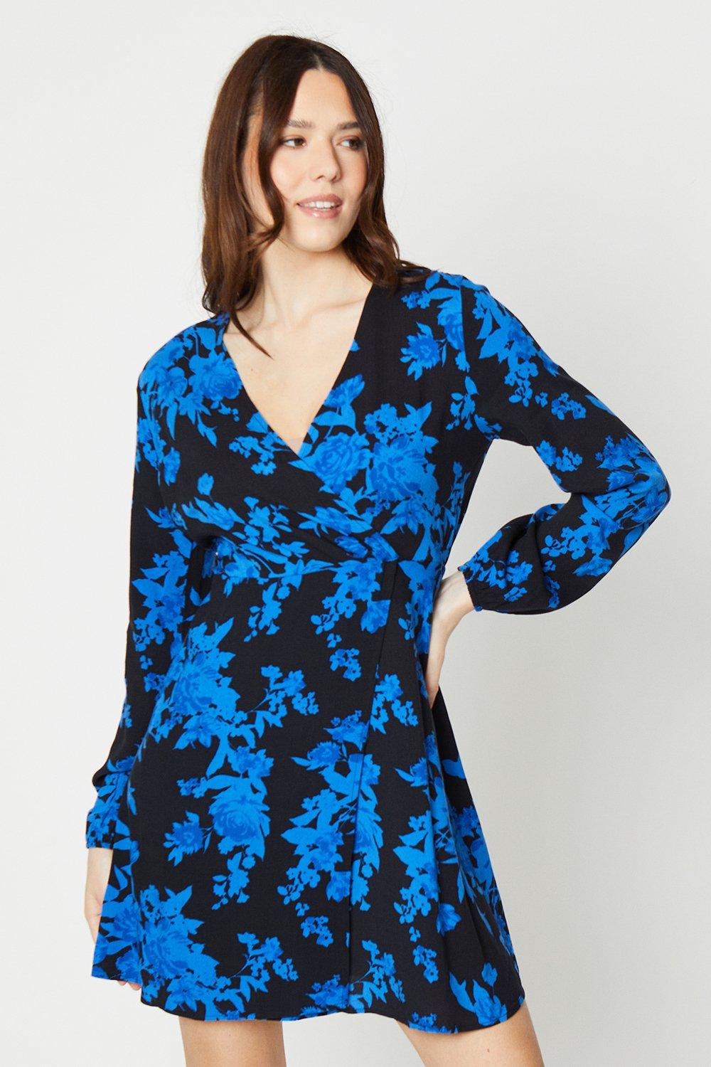 Womens Blue Floral Wrap Seam Detail Mini Dress
