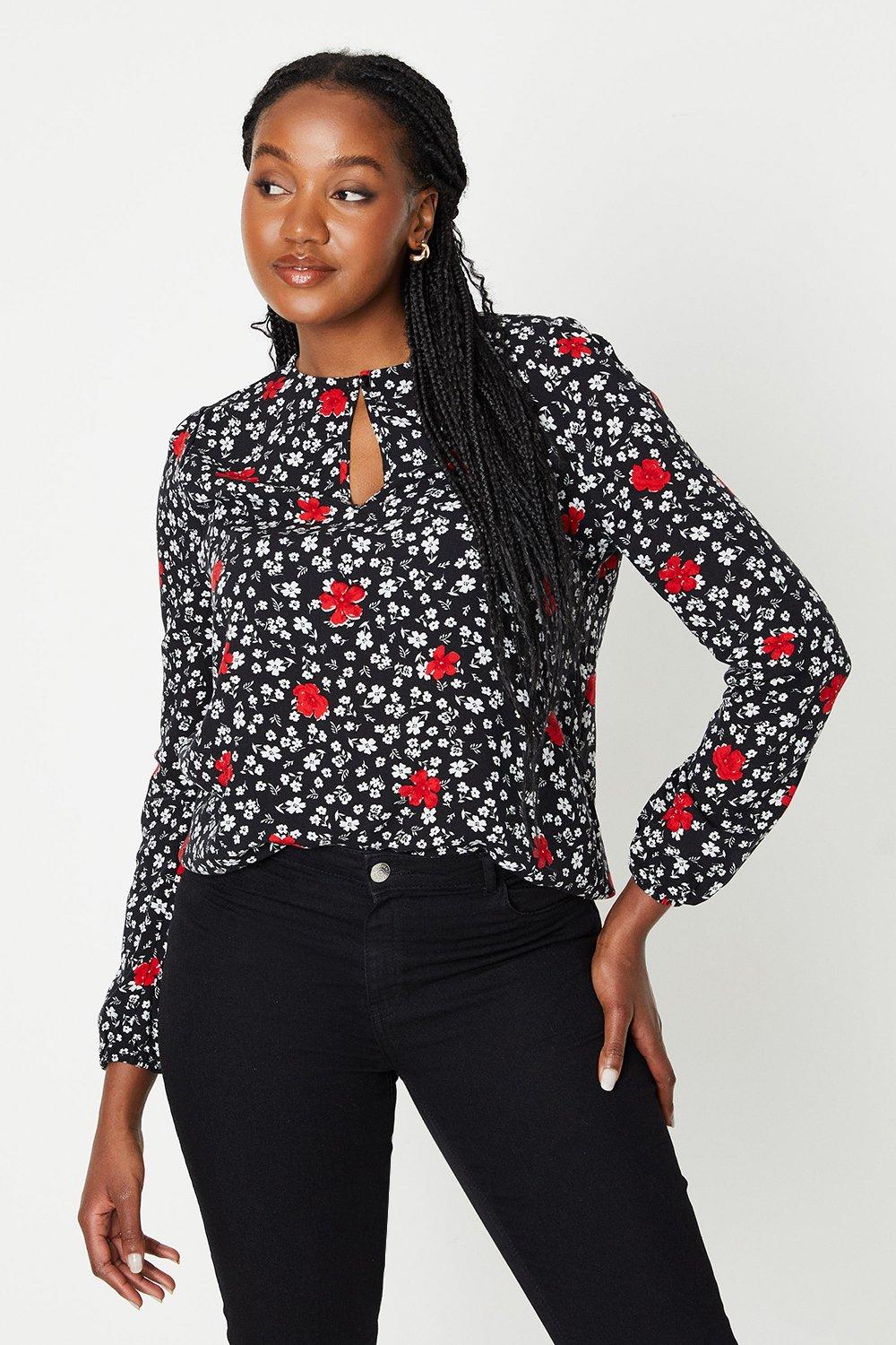 Women’s Floral Puff Sleeve Long Sleeve Blouse - red - 16