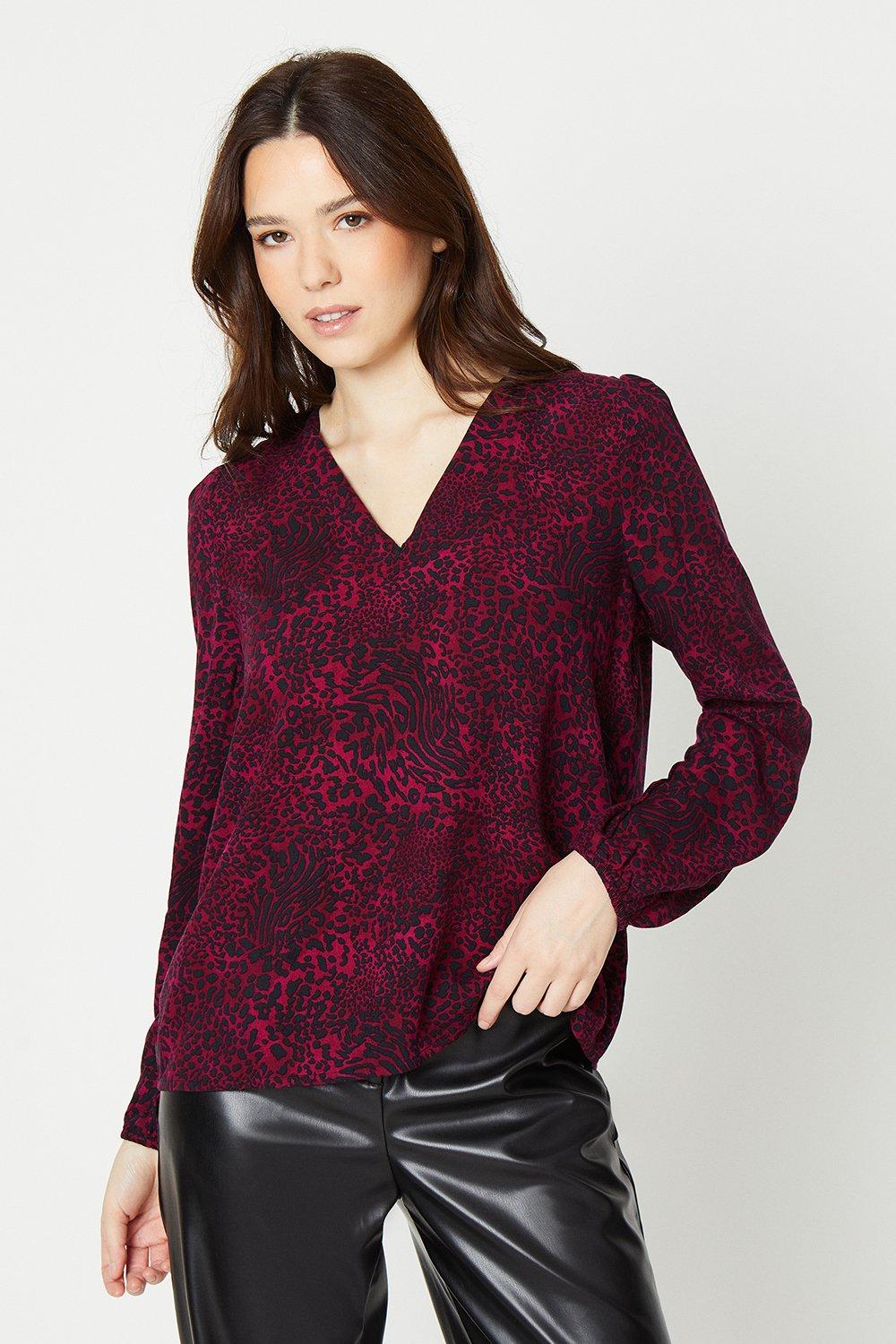 Women's Leopard Puff Sleeve Long Sleeve Blouse - berry - 16