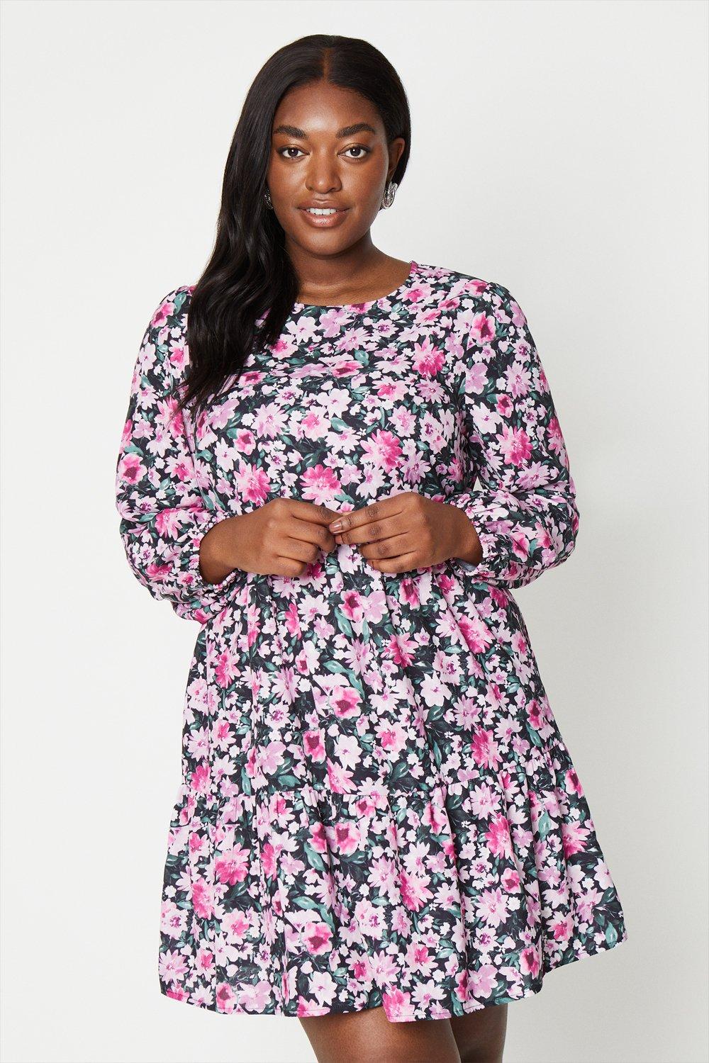 Women’s Curve Floral Tiered Long Sleeve Mini Dress - 24