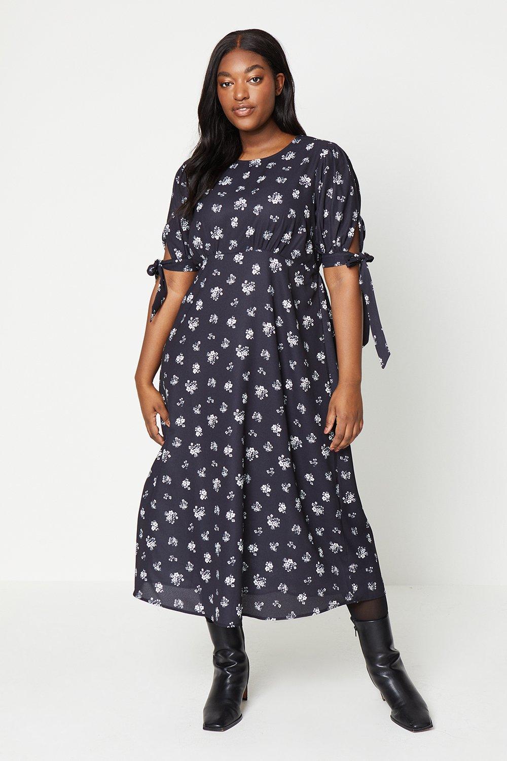 Dresses | Curve Ditsy Tie Sleeve Midi Dress | Dorothy Perkins