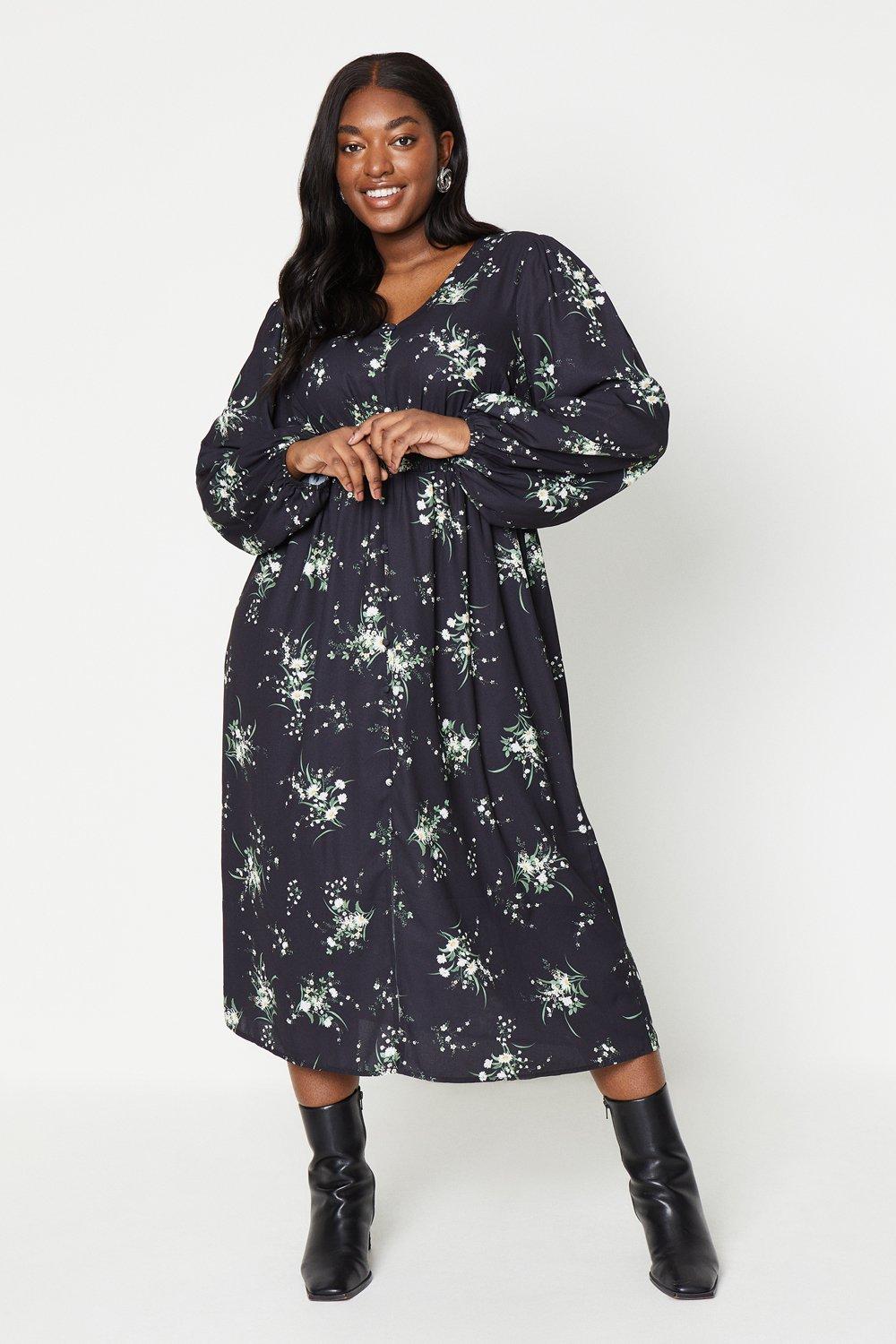 Womens Curve Button Front Long Sleeve Midi Dress
