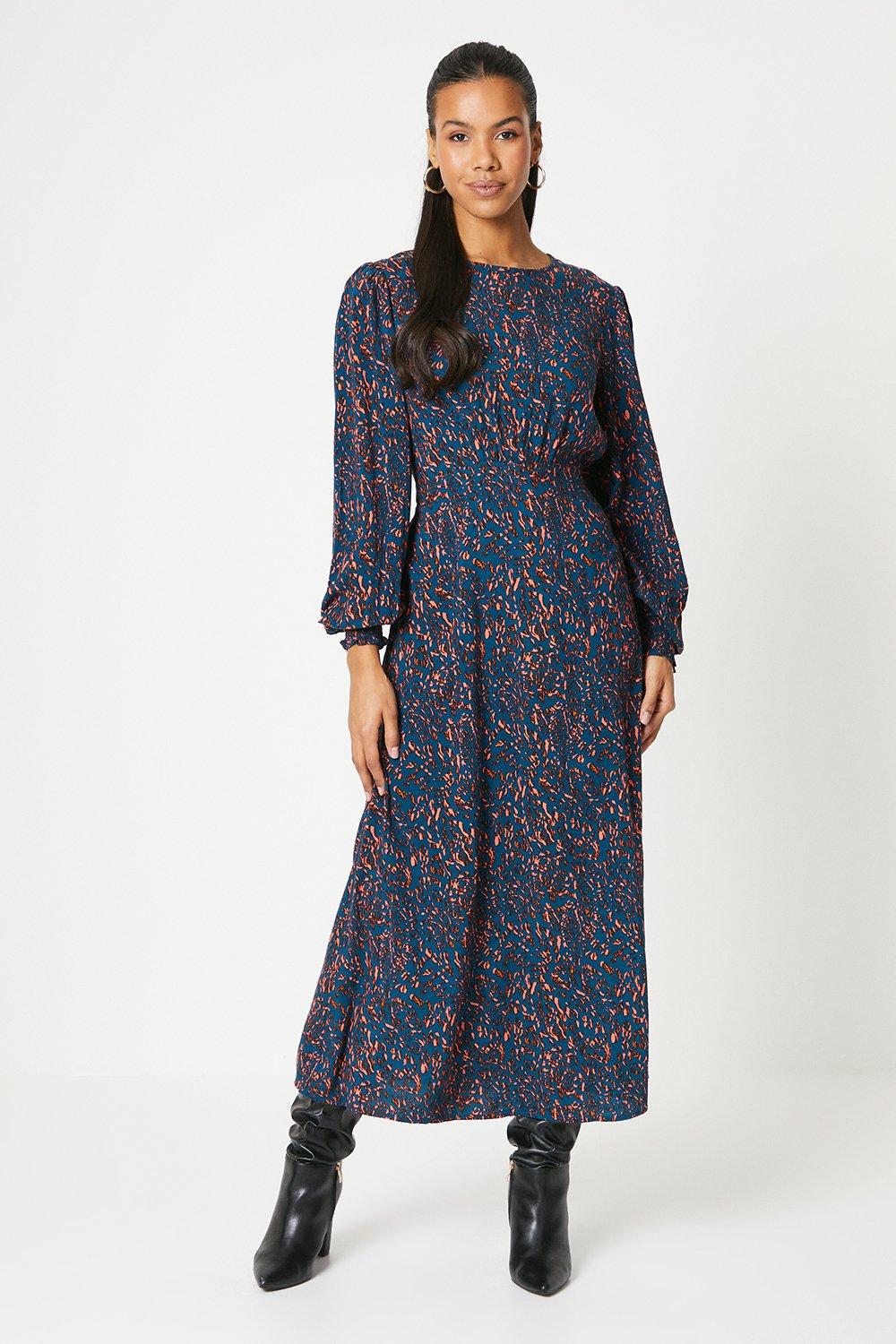 Womens Tall Abstract Shirred Cuff Midi Dress