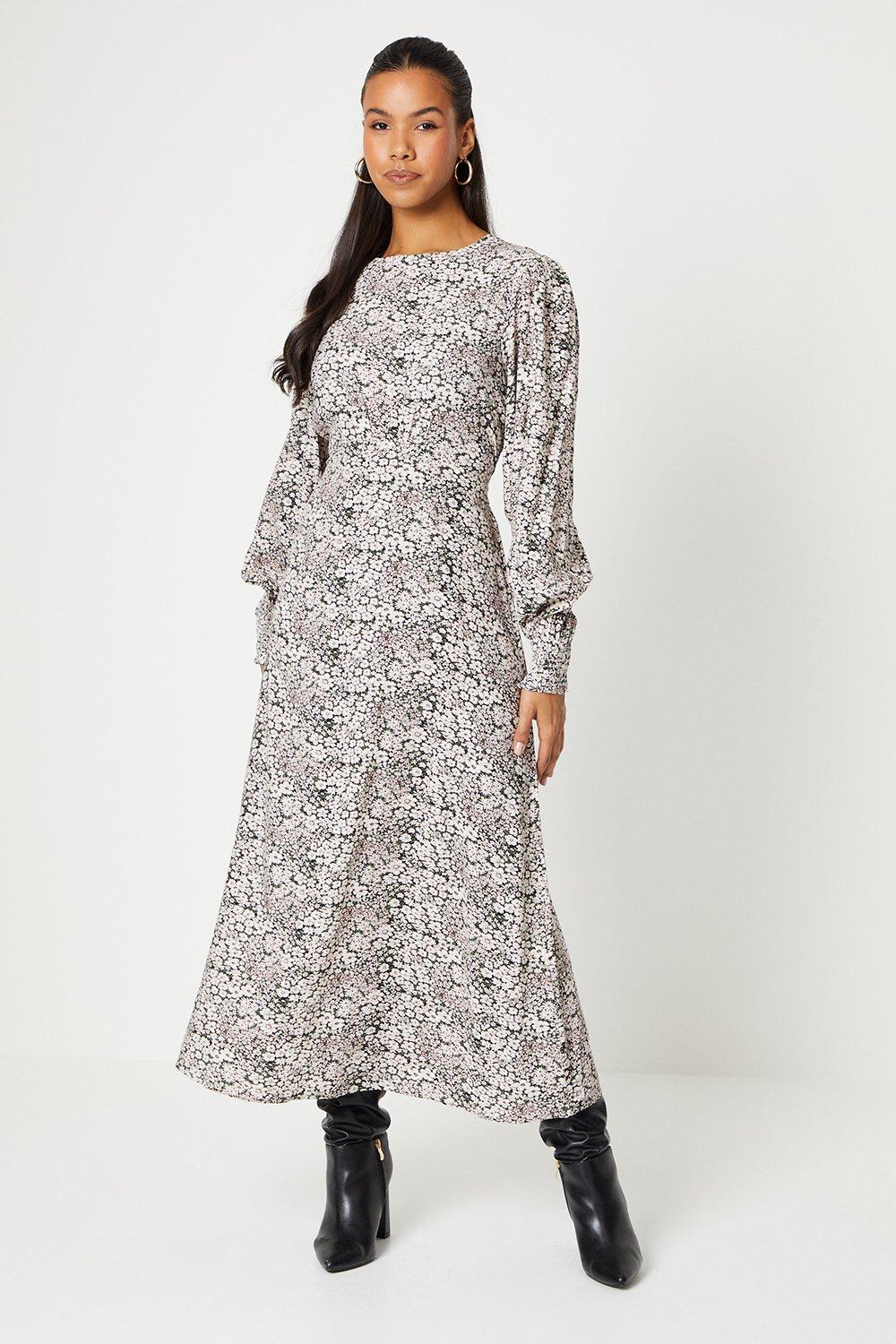 Women’s Tall Ditsy Shirred Cuff Midi Dress - floral - 16